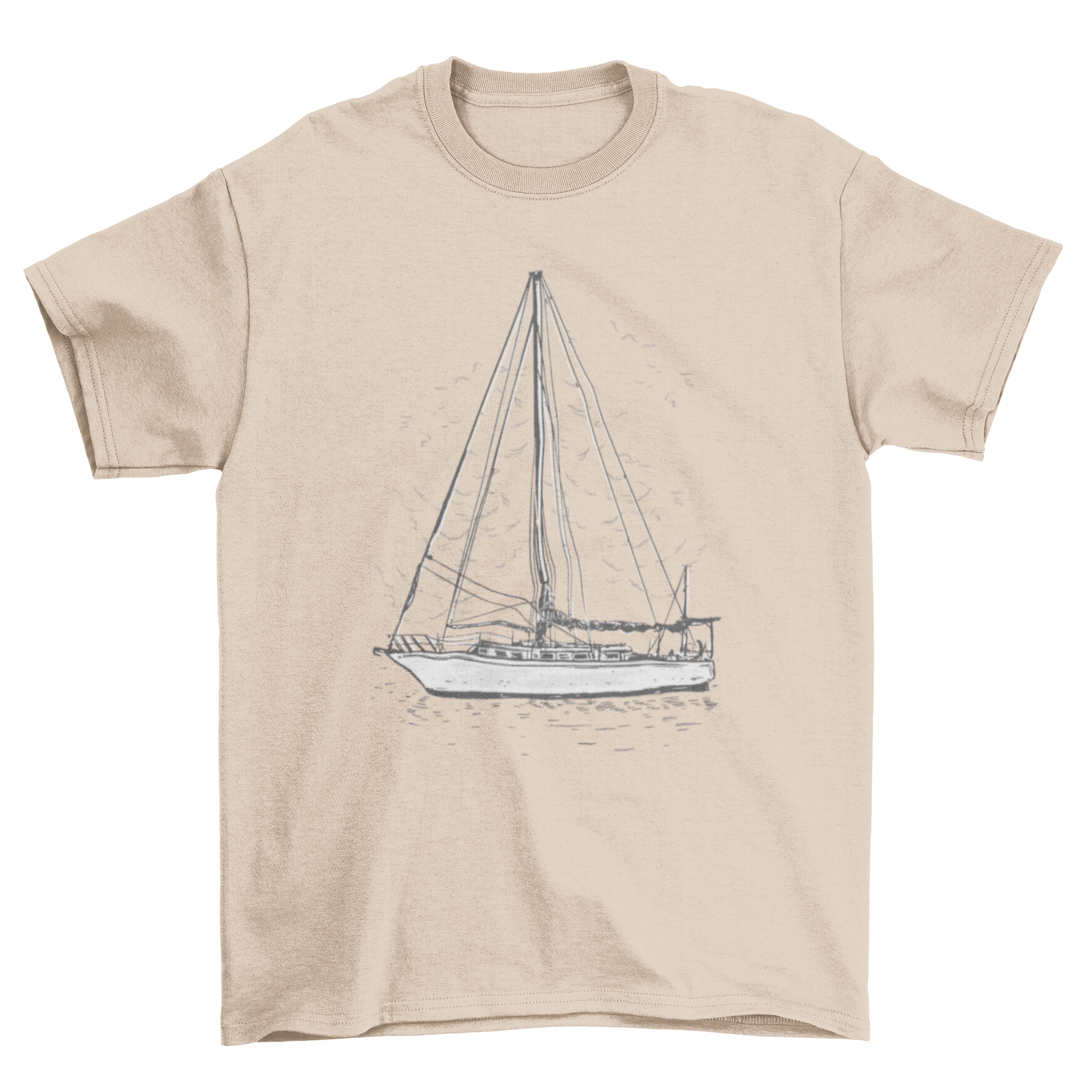 A stylish t-shirt featuring a hand-drawn sailboat design, perfect for sailing enthusiasts.