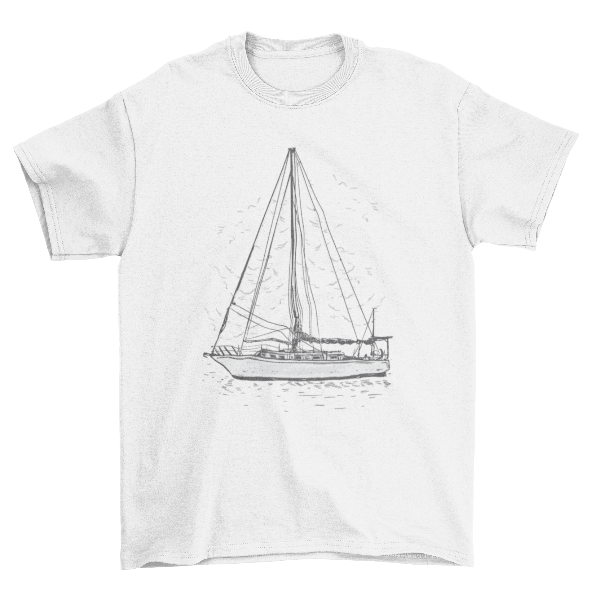 A stylish t-shirt featuring a hand-drawn sailboat design, perfect for sailing enthusiasts.