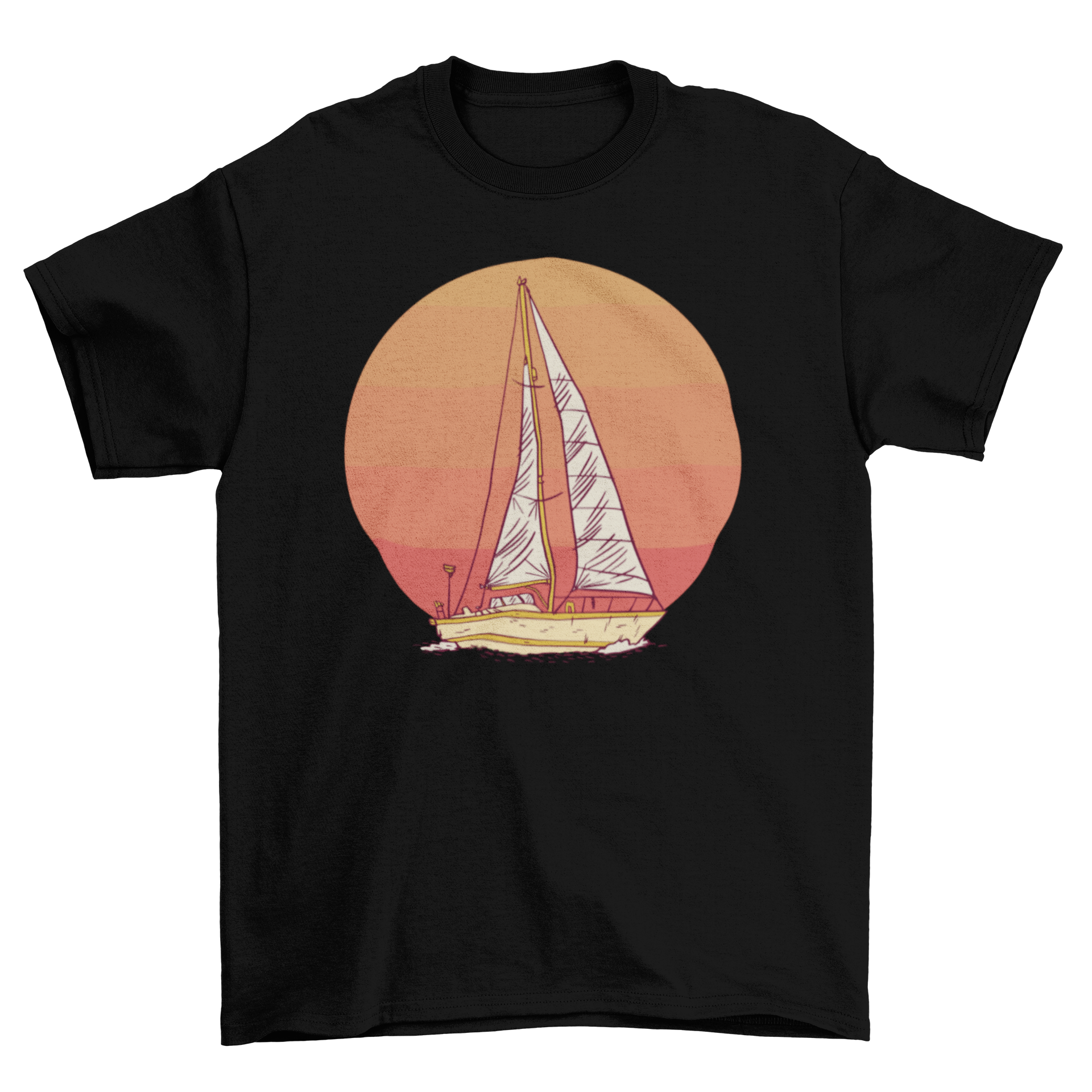 A stylish t-shirt featuring a vibrant illustration of a sailboat against a colorful sunset backdrop.