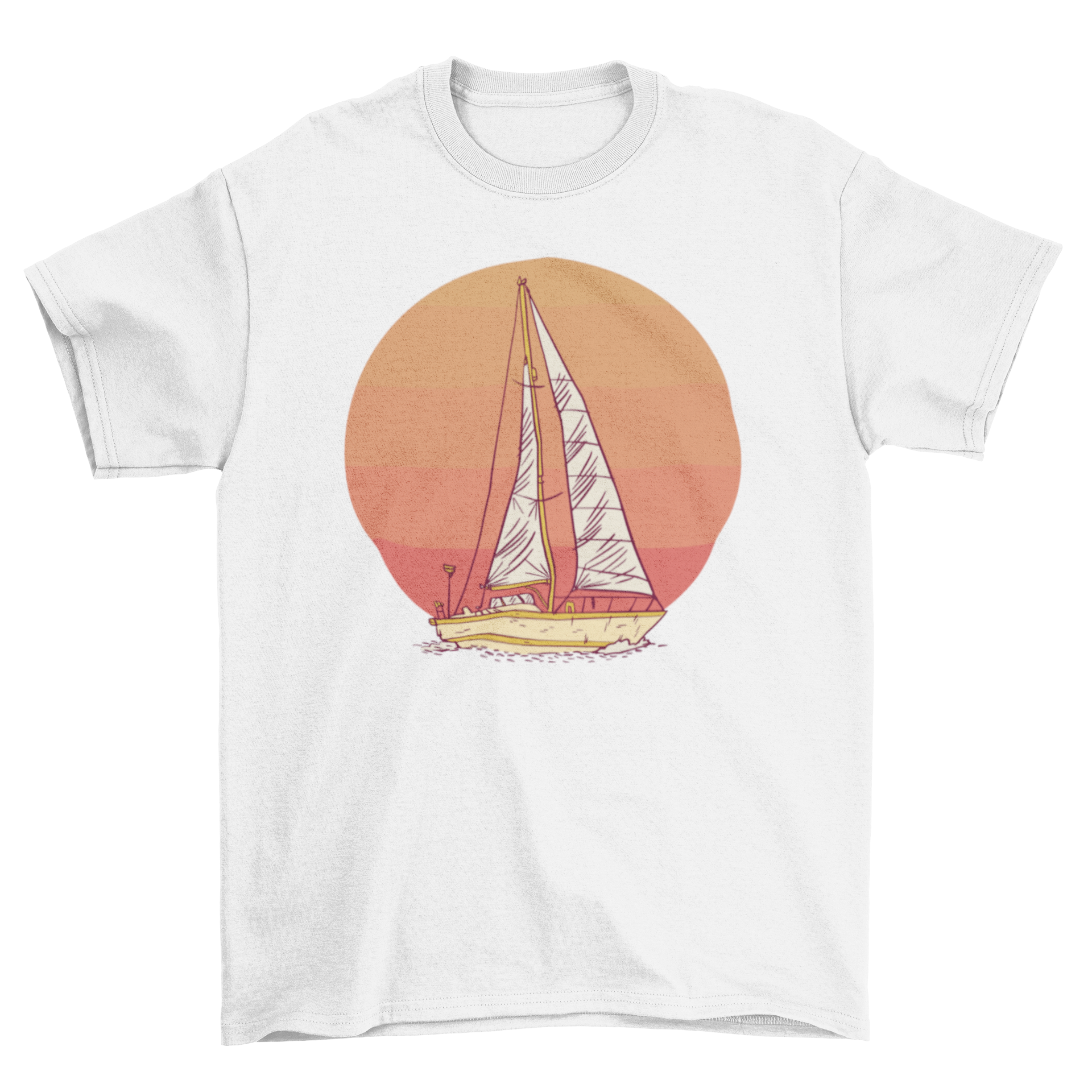 A stylish t-shirt featuring a vibrant illustration of a sailboat against a colorful sunset backdrop.