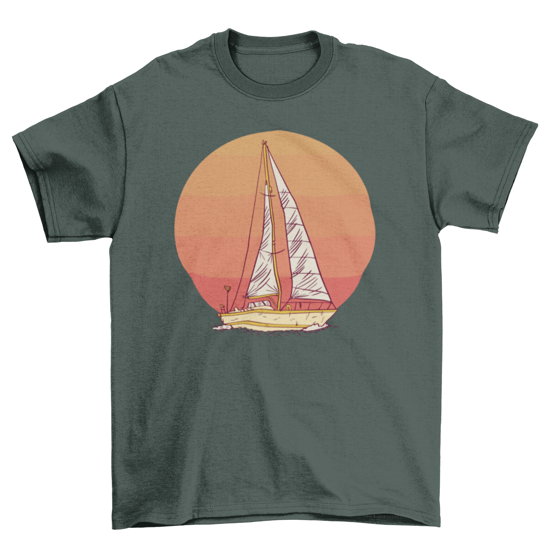 A stylish t-shirt featuring a vibrant illustration of a sailboat against a colorful sunset backdrop.