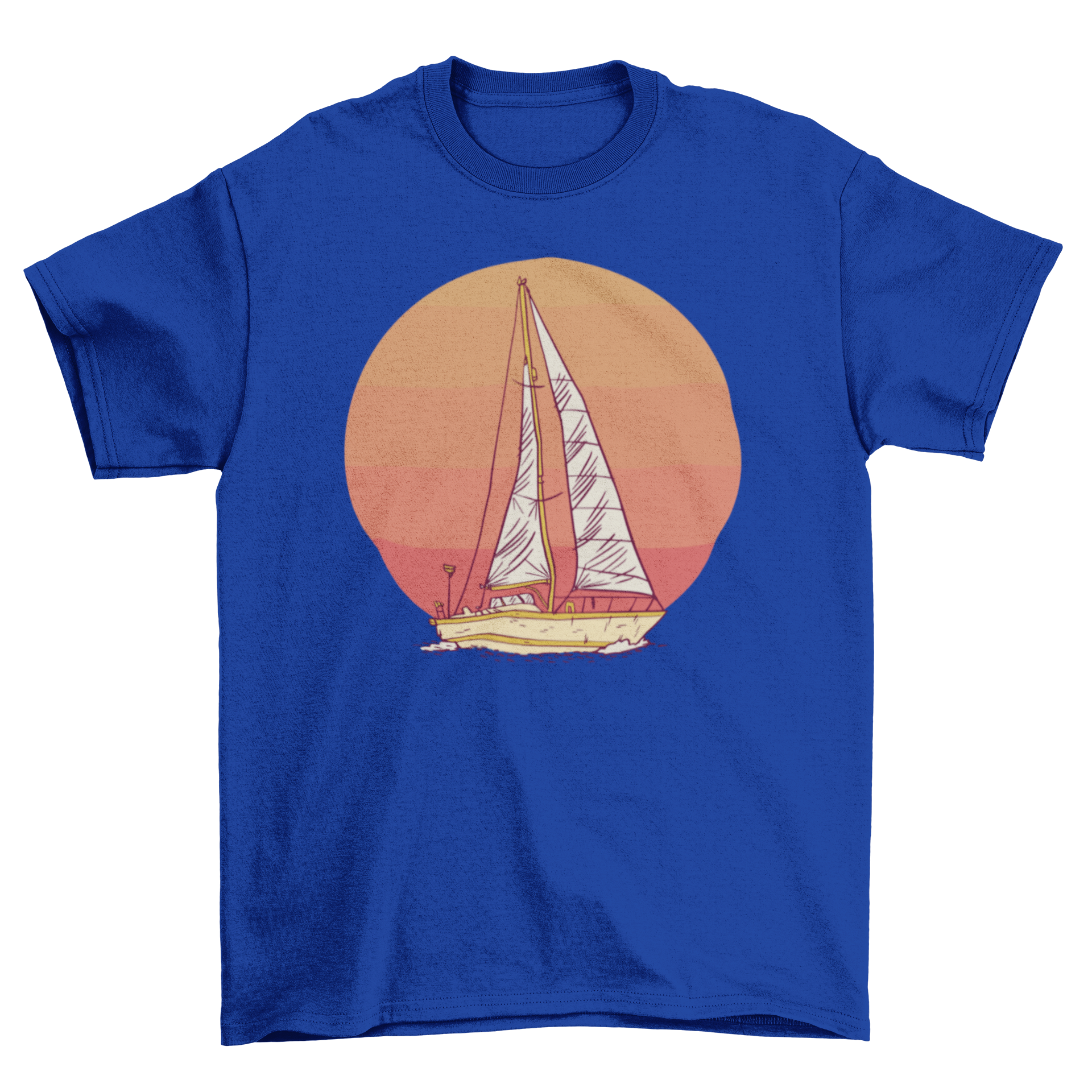 A stylish t-shirt featuring a vibrant illustration of a sailboat against a colorful sunset backdrop.