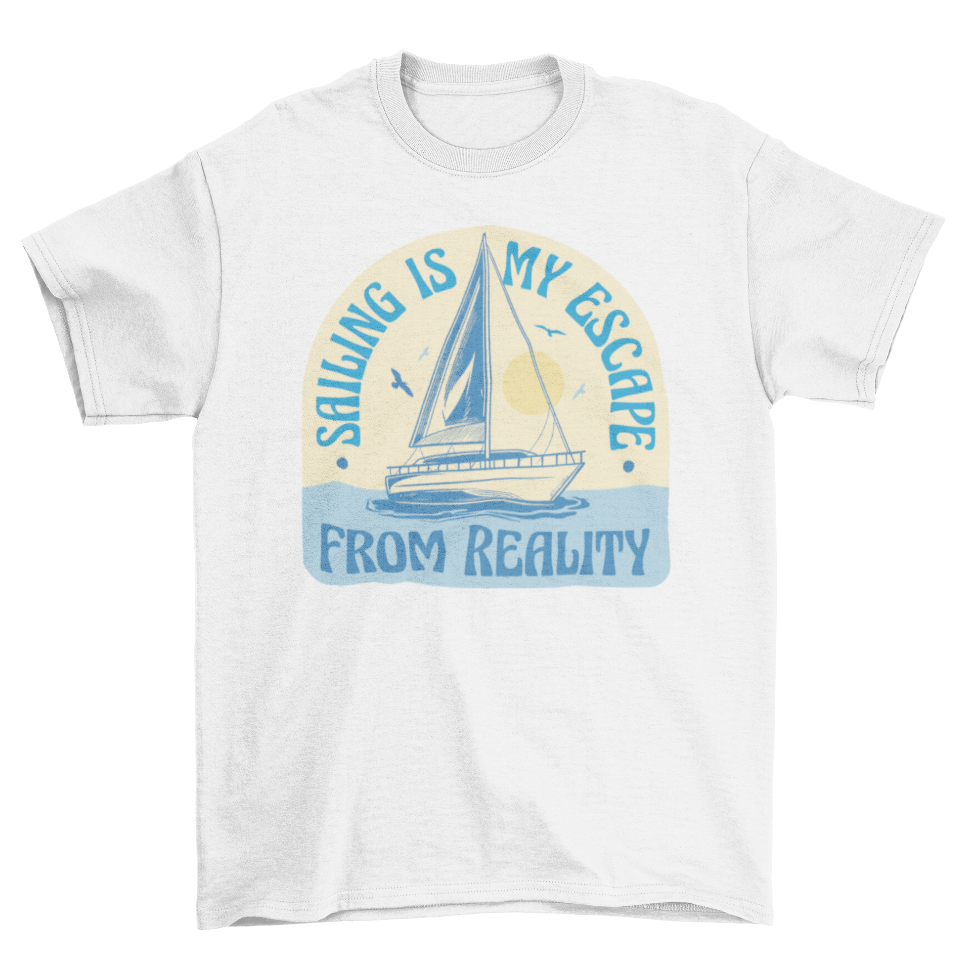 A stylish t-shirt featuring a sailboat graphic and the quote 'Sailing is my escape from reality', perfect for sailing enthusiasts.