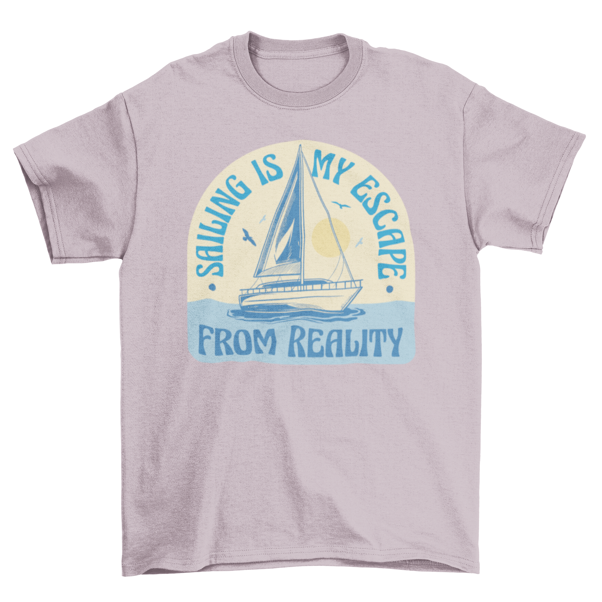 A stylish t-shirt featuring a sailboat graphic and the quote 'Sailing is my escape from reality', perfect for sailing enthusiasts.