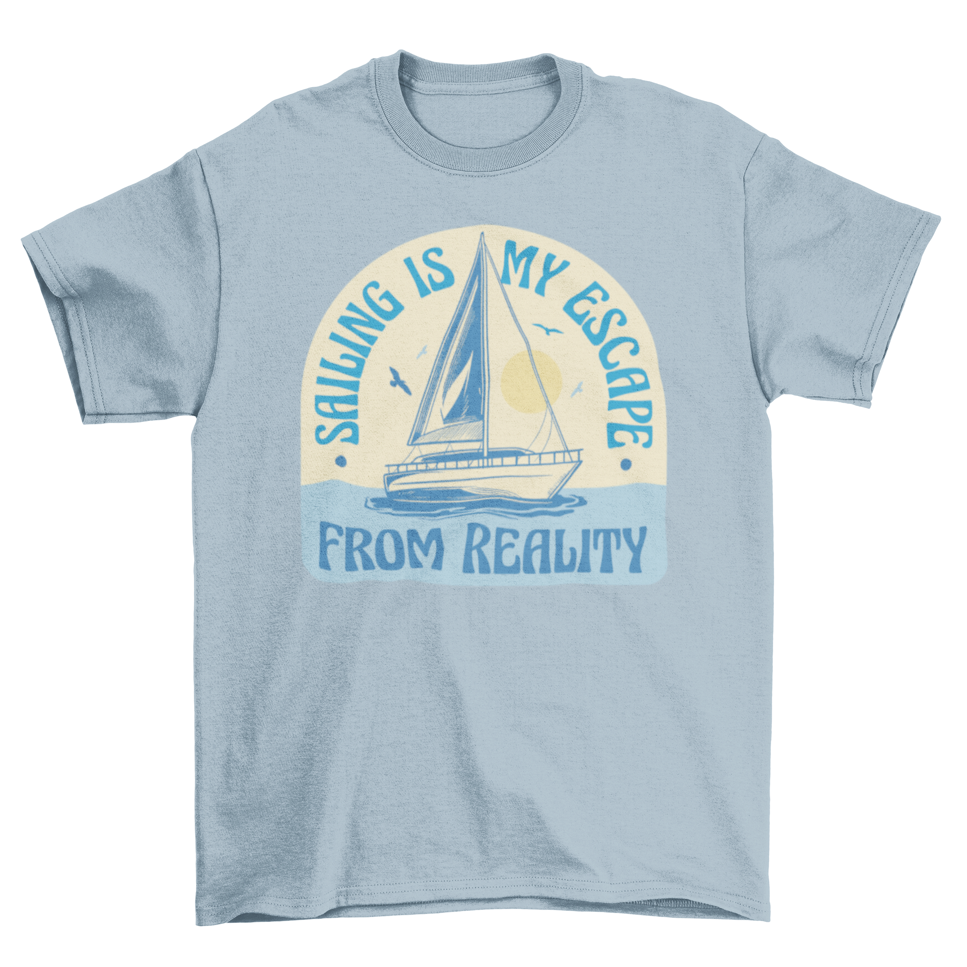 A stylish t-shirt featuring a sailboat graphic and the quote 'Sailing is my escape from reality', perfect for sailing enthusiasts.