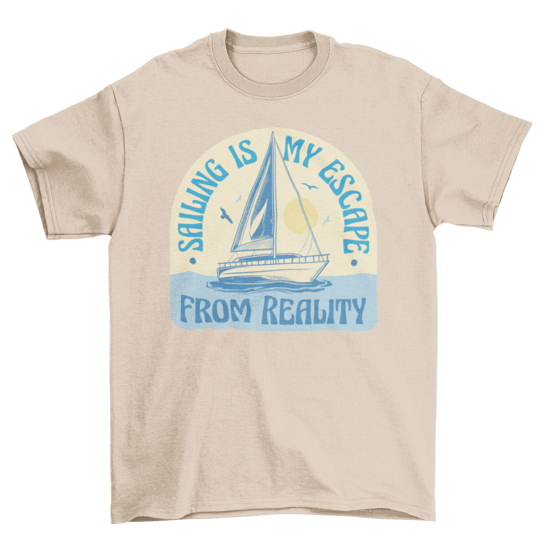 A stylish t-shirt featuring a sailboat graphic and the quote 'Sailing is my escape from reality', perfect for sailing enthusiasts.