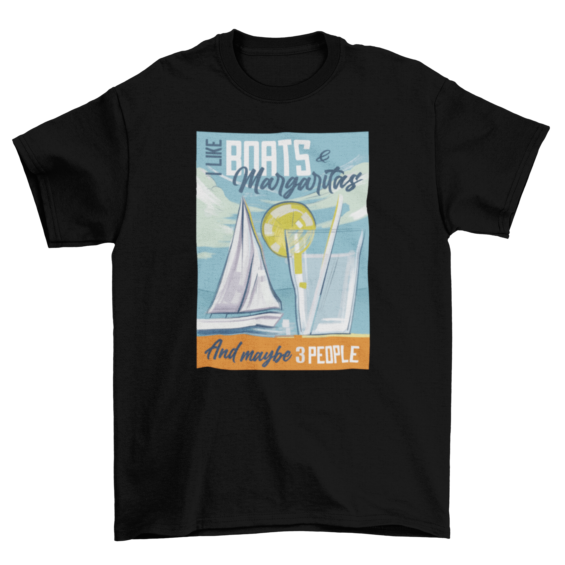 A stylish t-shirt featuring a sailboat and margarita drink with a humorous quote about boats and margaritas.