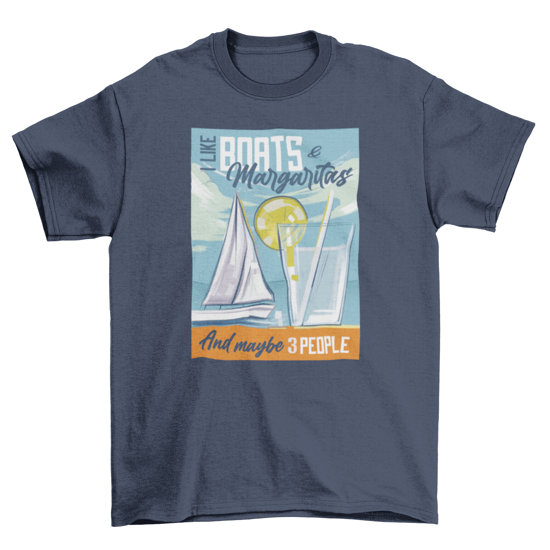 A stylish t-shirt featuring a sailboat and margarita drink with a humorous quote about boats and margaritas.