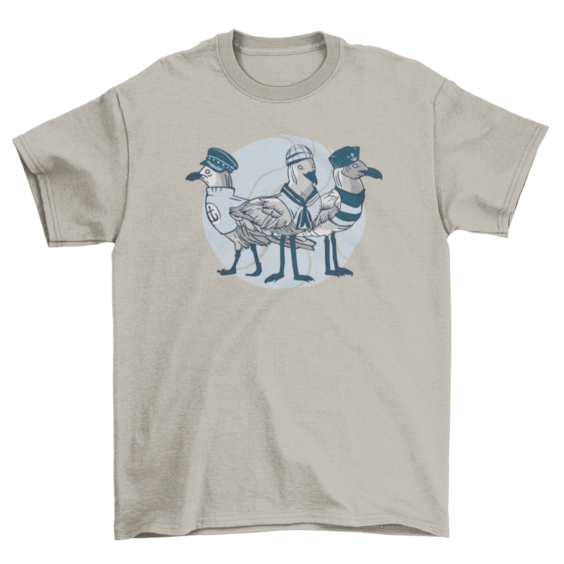 A fun t-shirt featuring three seagulls dressed as sailors, showcasing a whimsical design.