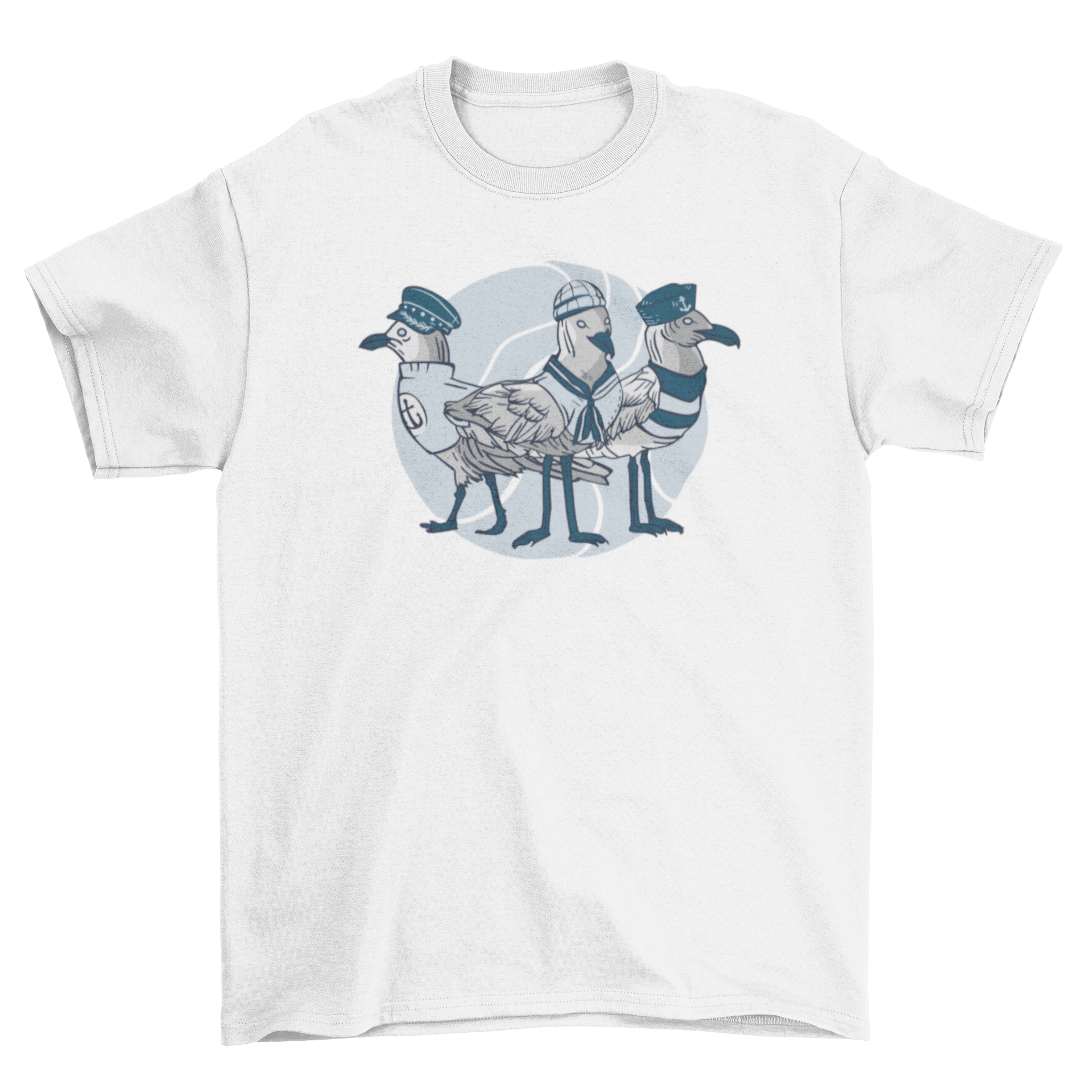 A fun t-shirt featuring three seagulls dressed as sailors, showcasing a whimsical design.