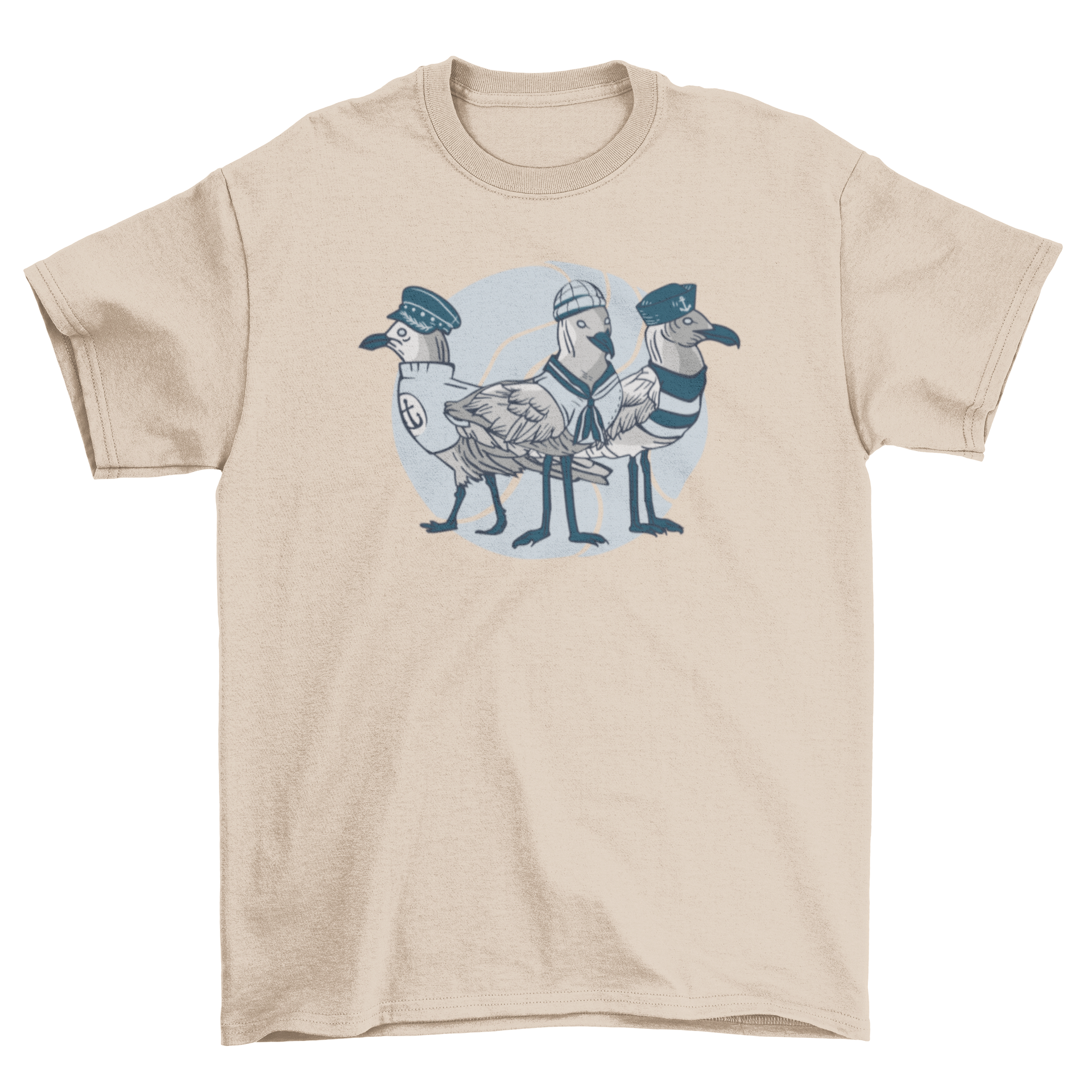 A fun t-shirt featuring three seagulls dressed as sailors, showcasing a whimsical design.