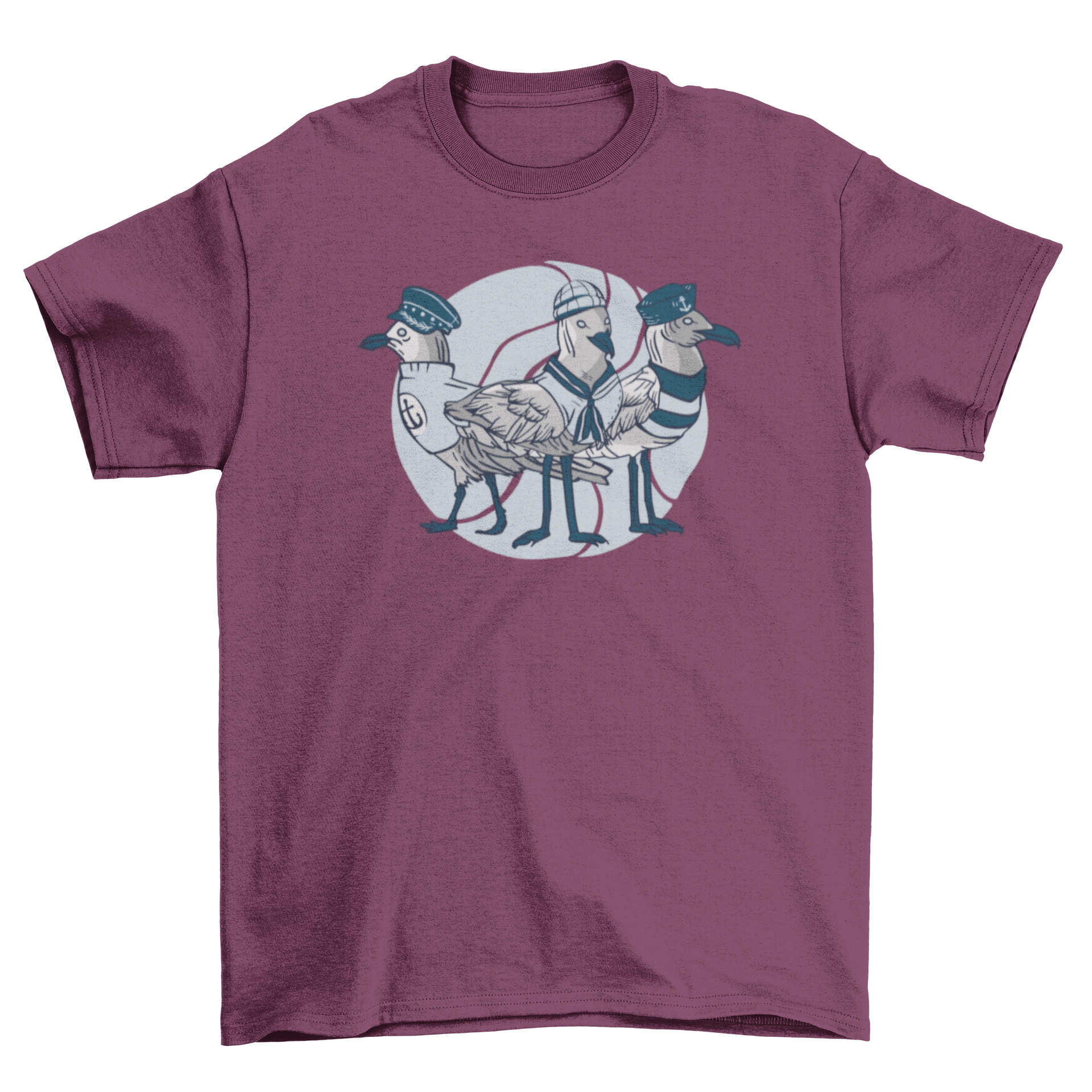 A fun t-shirt featuring three seagulls dressed as sailors, showcasing a whimsical design.