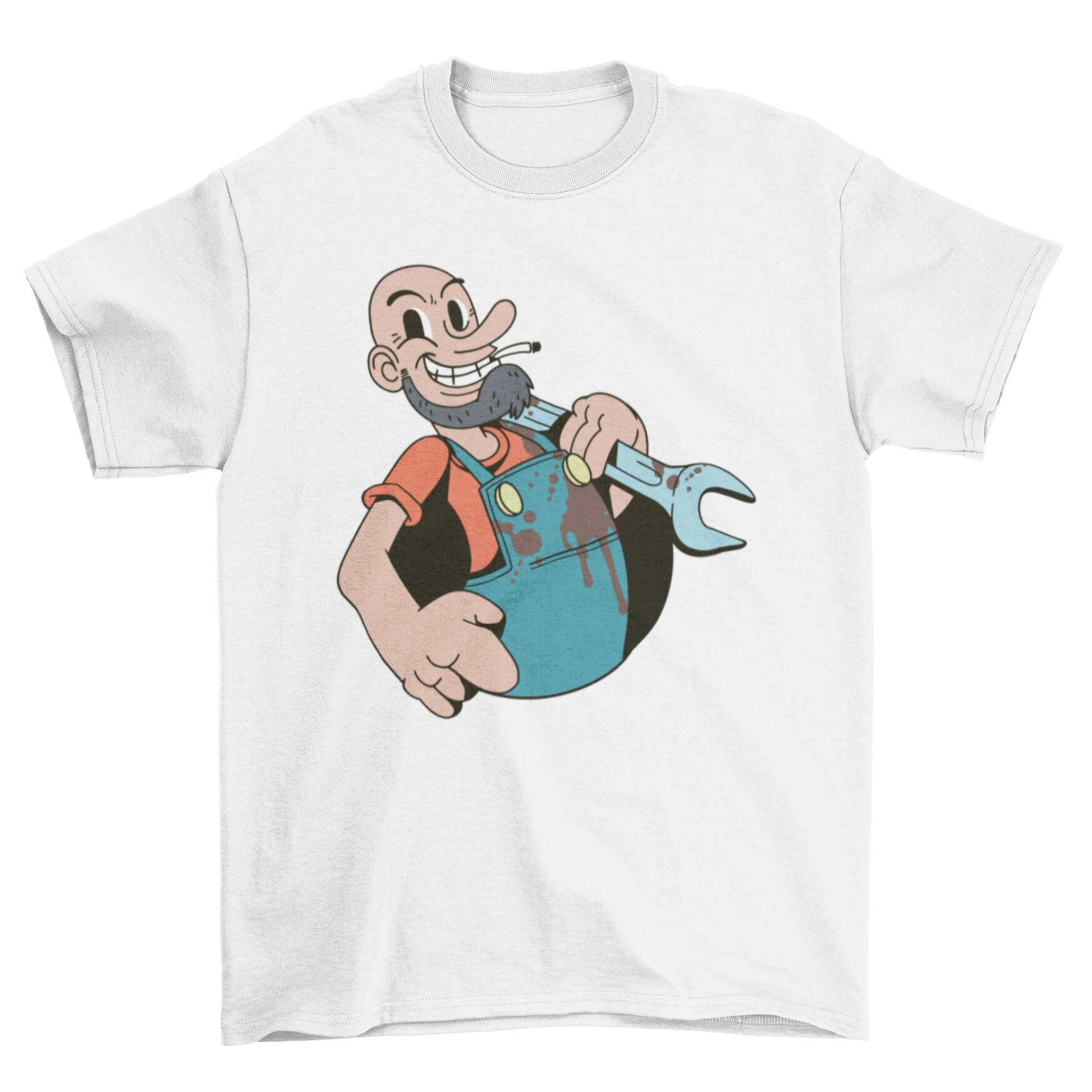 A cartoon-style t-shirt featuring a sailor holding a wrench, showcasing a vibrant and playful design.