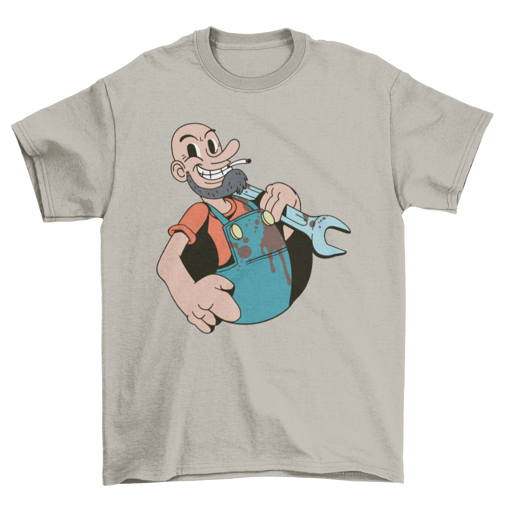 A cartoon-style t-shirt featuring a sailor holding a wrench, showcasing a vibrant and playful design.