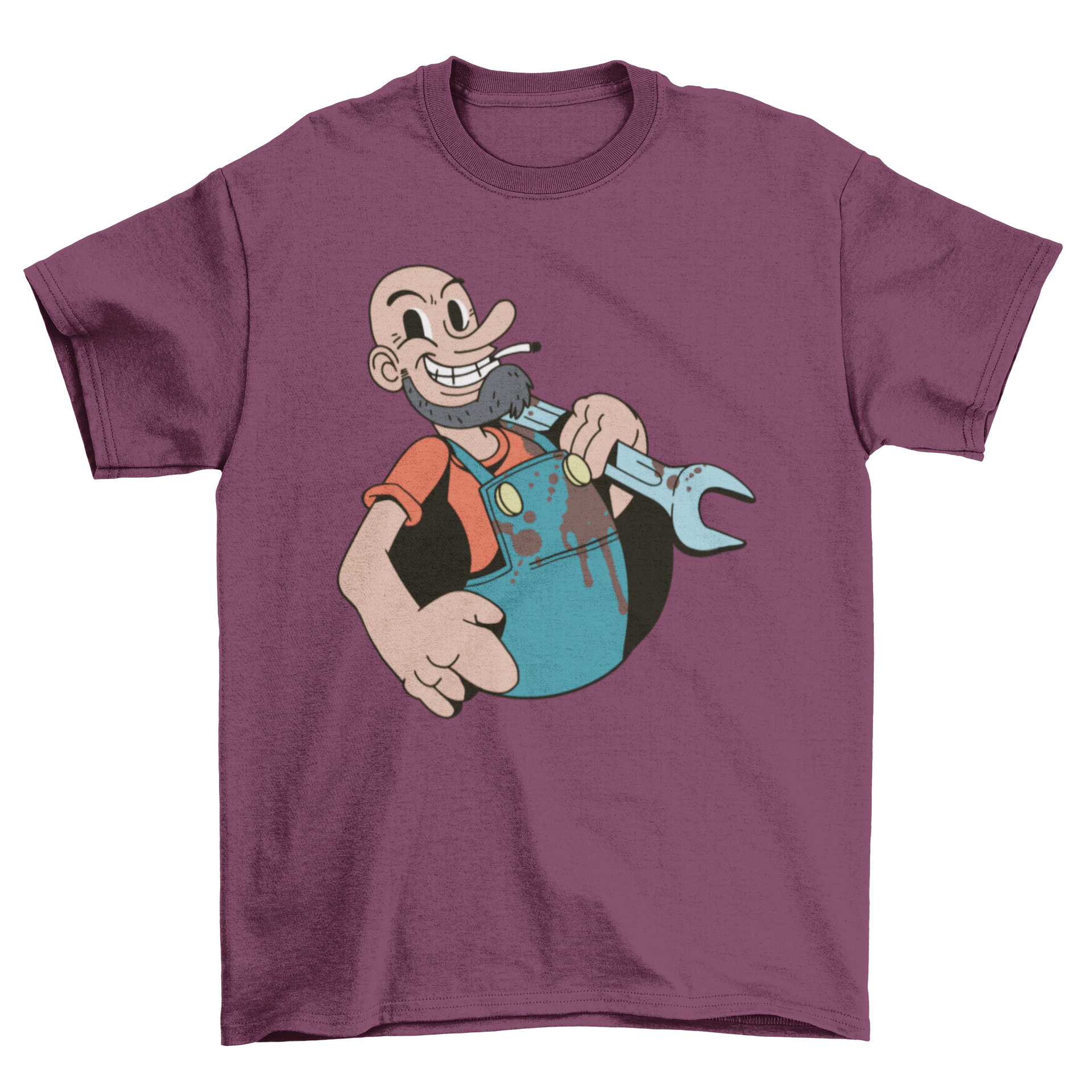 A cartoon-style t-shirt featuring a sailor holding a wrench, showcasing a vibrant and playful design.