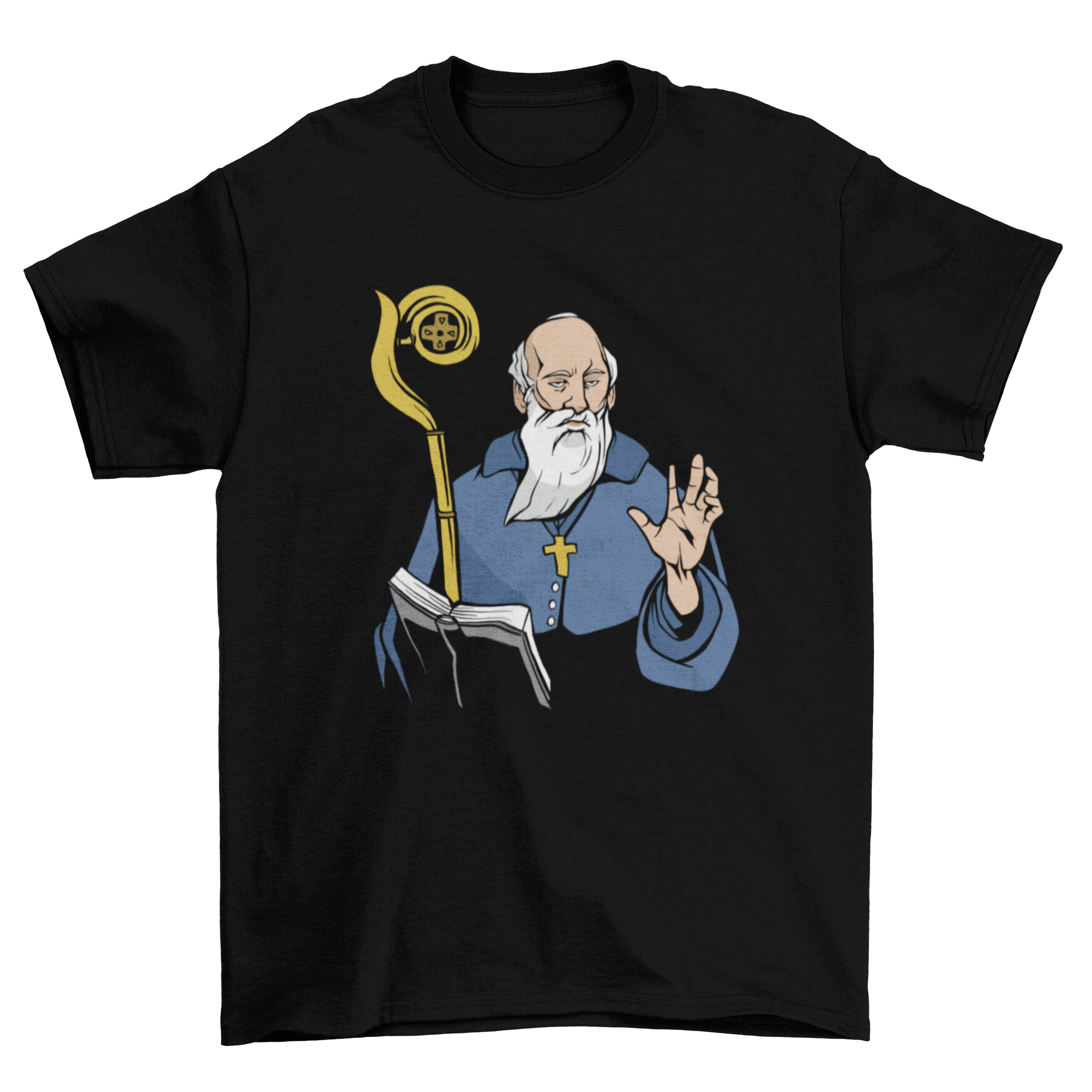 Saint Benedict t-shirt featuring a detailed illustration of Saint Benedict of Nursia, showcasing a blend of style and spirituality.