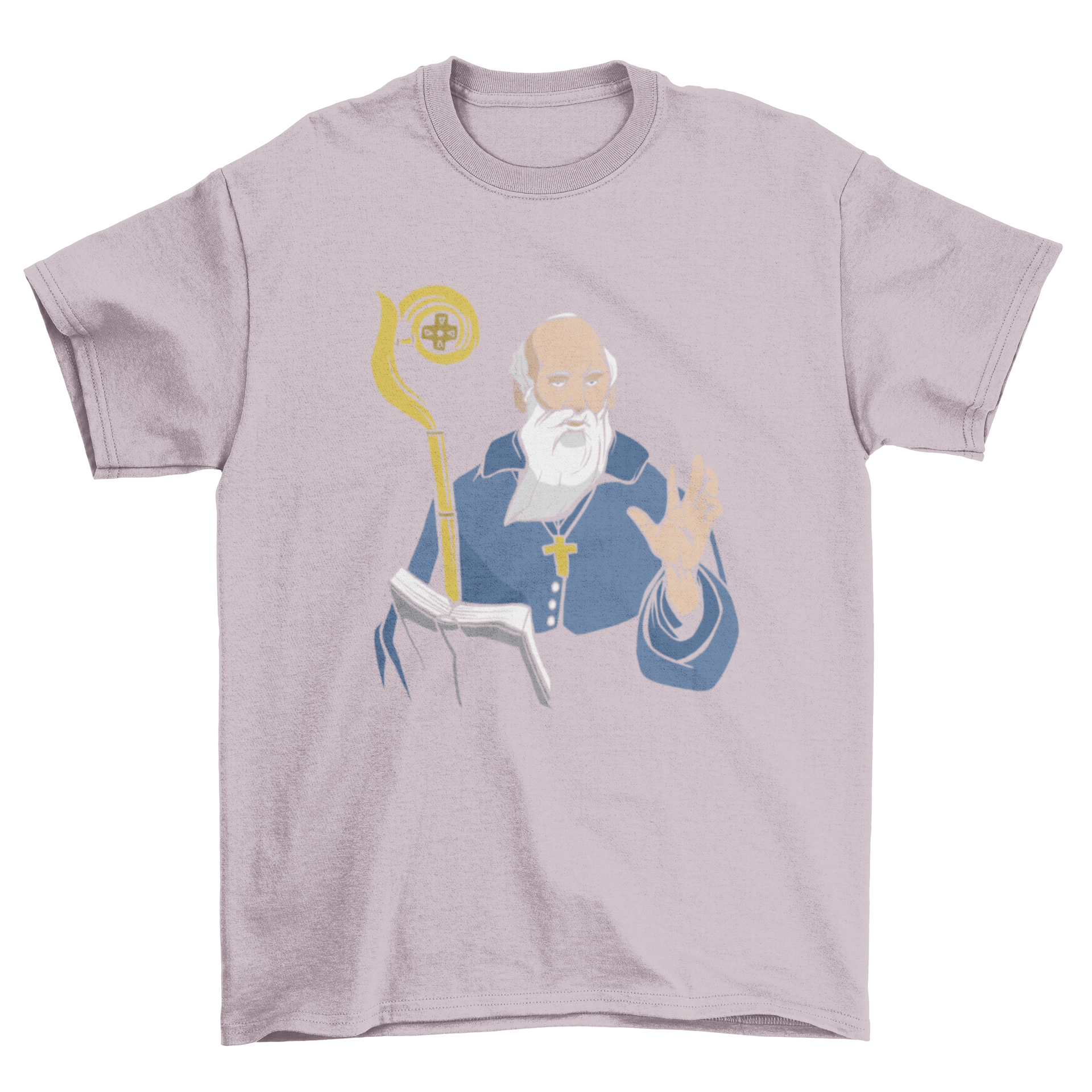 Saint Benedict t-shirt featuring a detailed illustration of Saint Benedict of Nursia, showcasing a blend of style and spirituality.