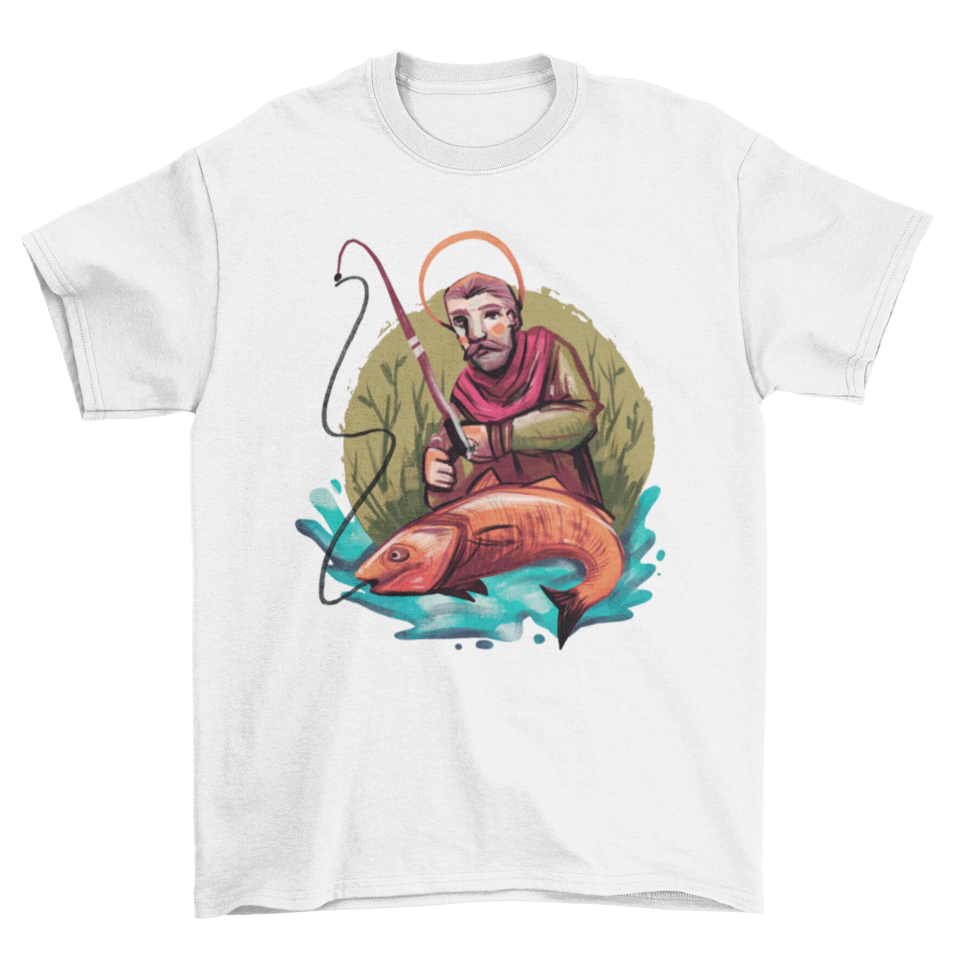 Saint Fishing Hobby T-Shirt featuring Saint Andrew fishing on a lake, showcasing a unique and stylish design.