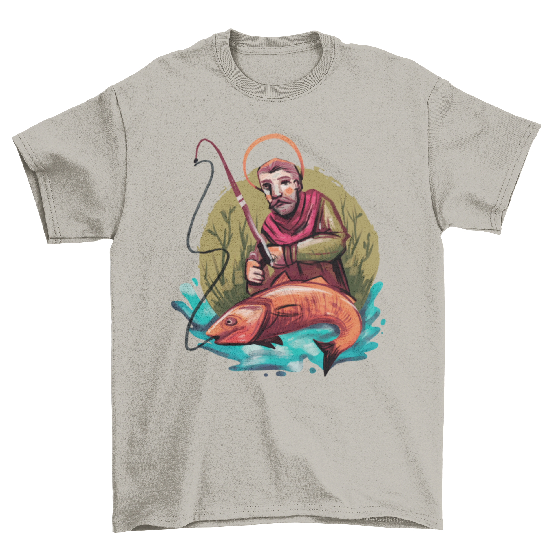 Saint Fishing Hobby T-Shirt featuring Saint Andrew fishing on a lake, showcasing a unique and stylish design.