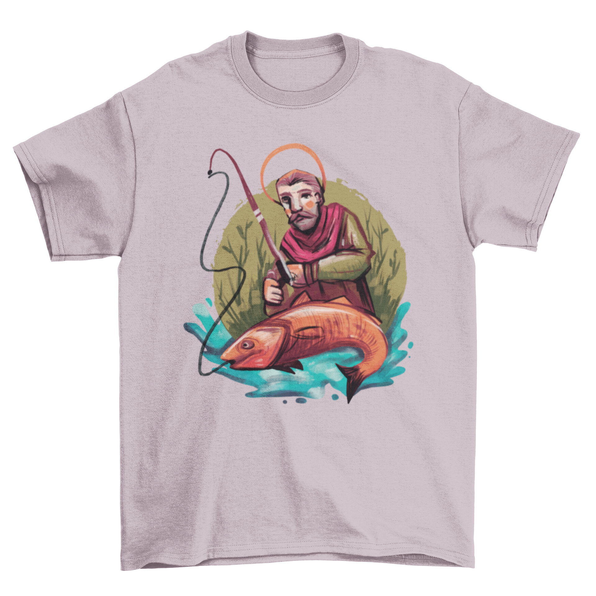 Saint Fishing Hobby T-Shirt featuring Saint Andrew fishing on a lake, showcasing a unique and stylish design.