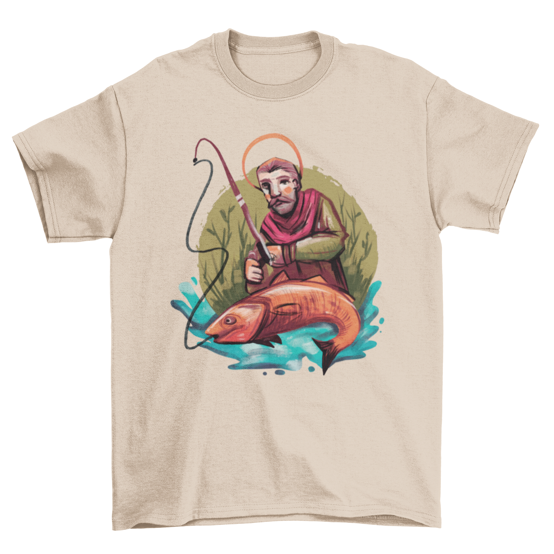 Saint Fishing Hobby T-Shirt featuring Saint Andrew fishing on a lake, showcasing a unique and stylish design.