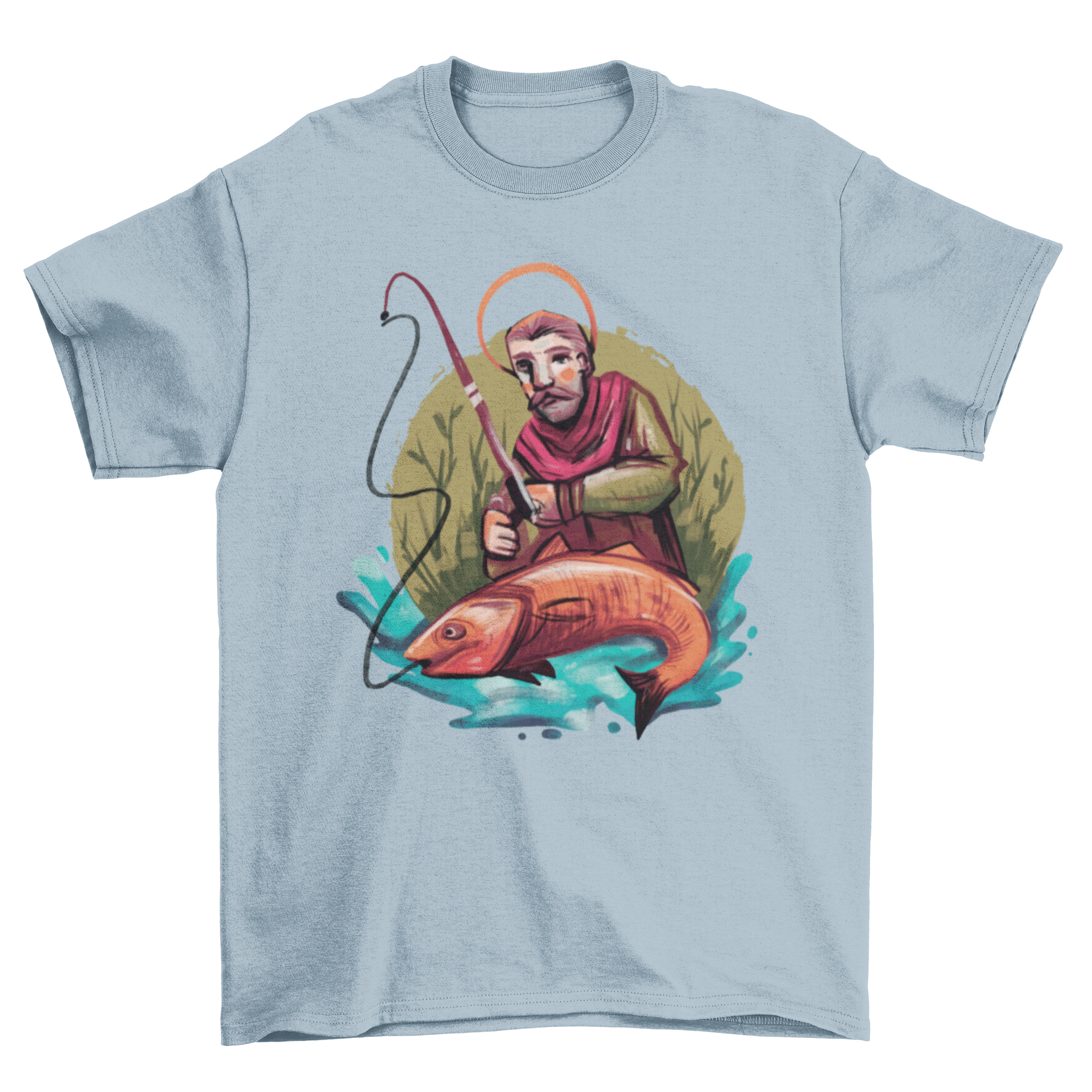 Saint Fishing Hobby T-Shirt featuring Saint Andrew fishing on a lake, showcasing a unique and stylish design.