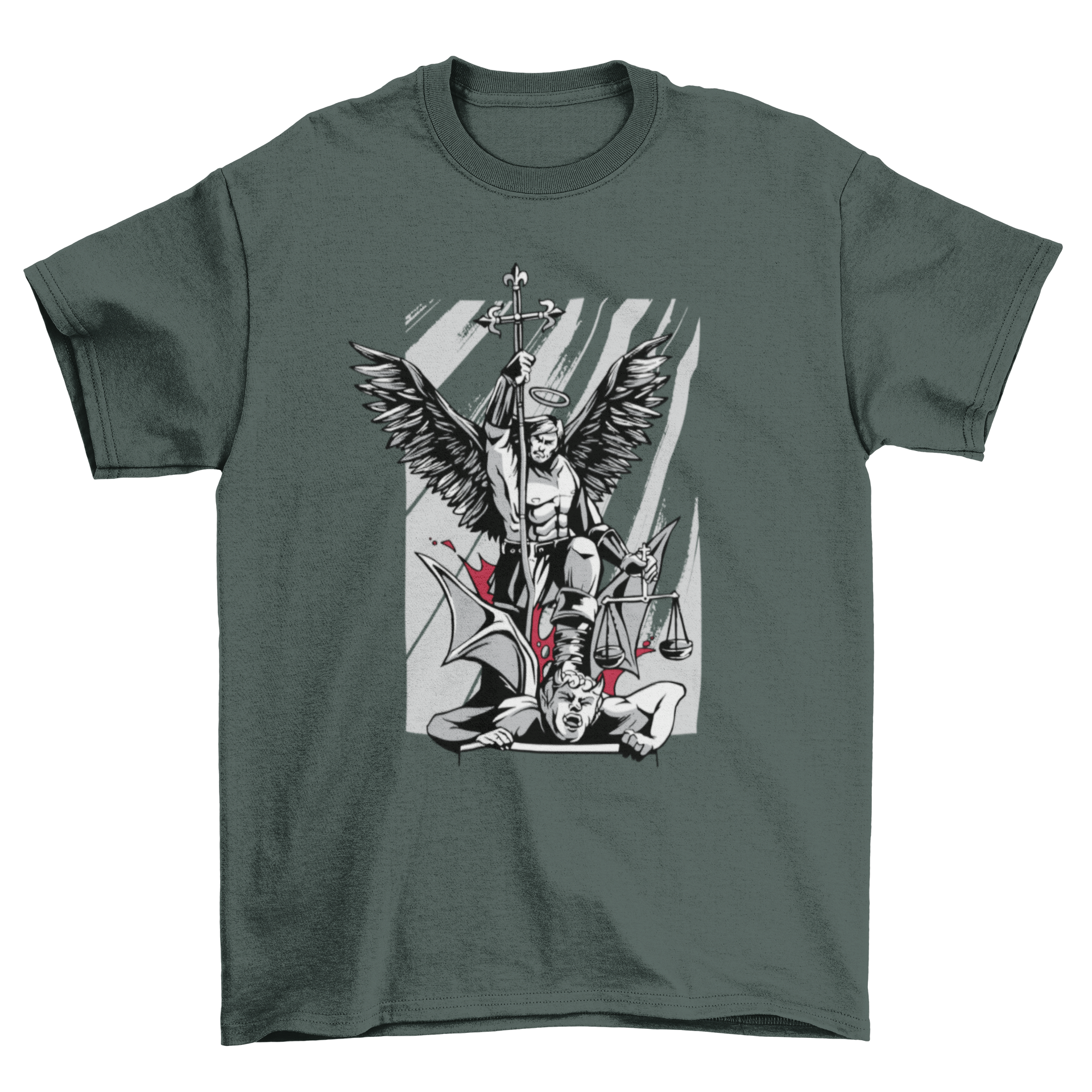 Saint Michael t-shirt featuring an illustration of the Archangel defeating the devil with a cross.