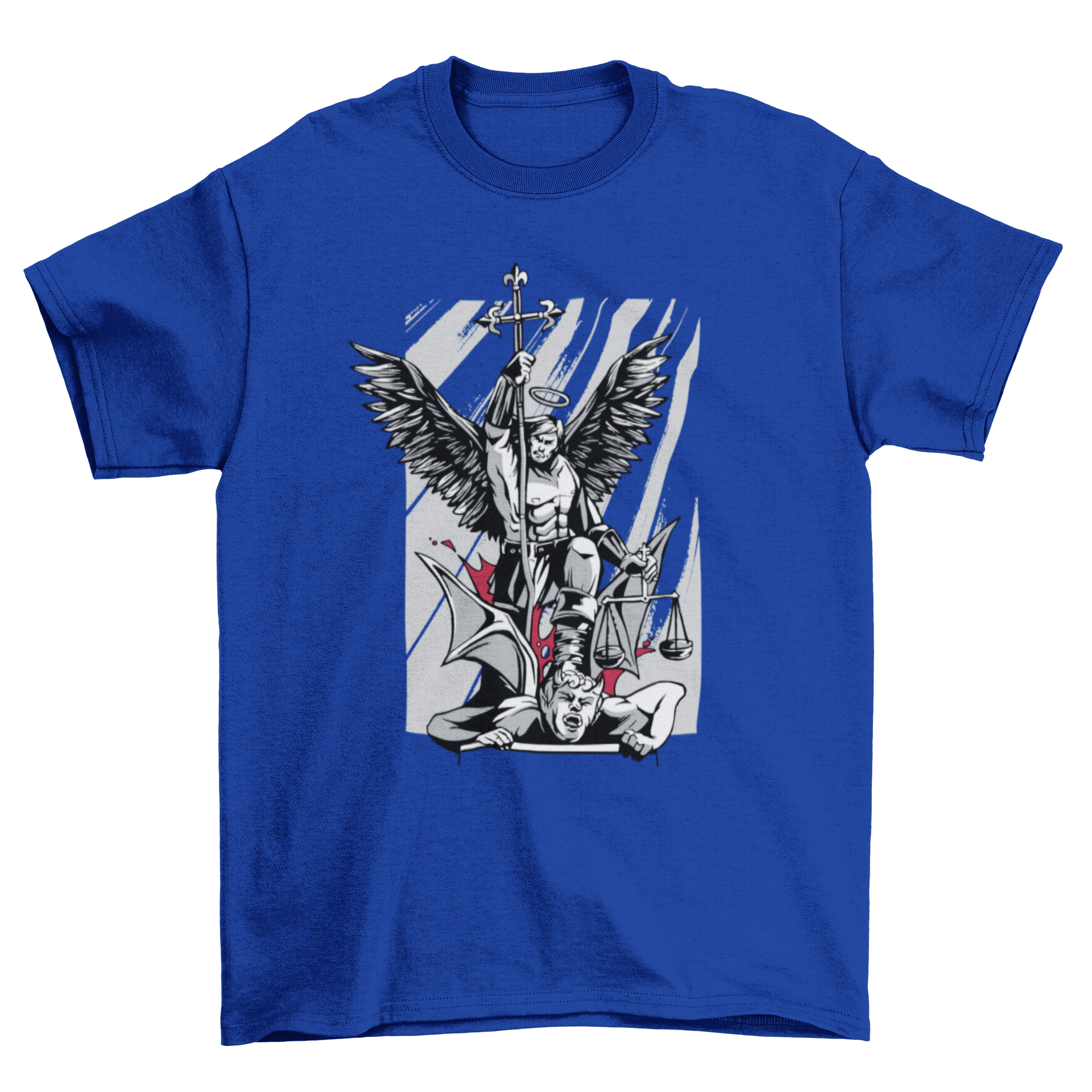 Saint Michael t-shirt featuring an illustration of the Archangel defeating the devil with a cross.