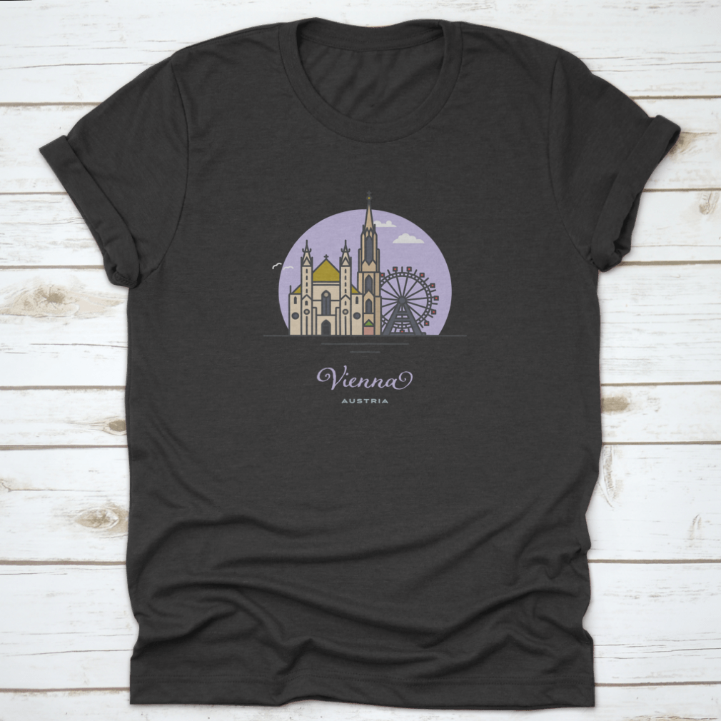 A stylish cotton t-shirt featuring Saint Stephens Cathedral and Prater Ferris Wheel designs, perfect for Vienna tourism.