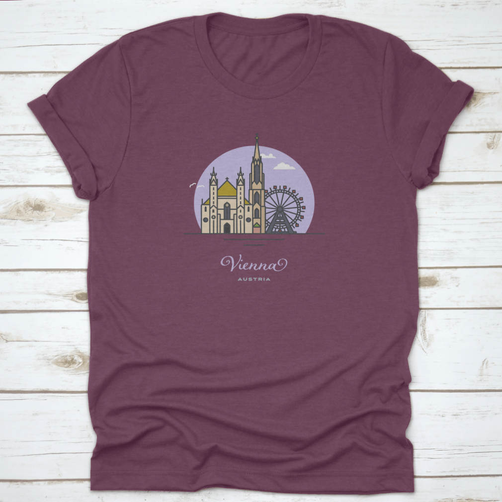 A stylish cotton t-shirt featuring Saint Stephens Cathedral and Prater Ferris Wheel designs, perfect for Vienna tourism.