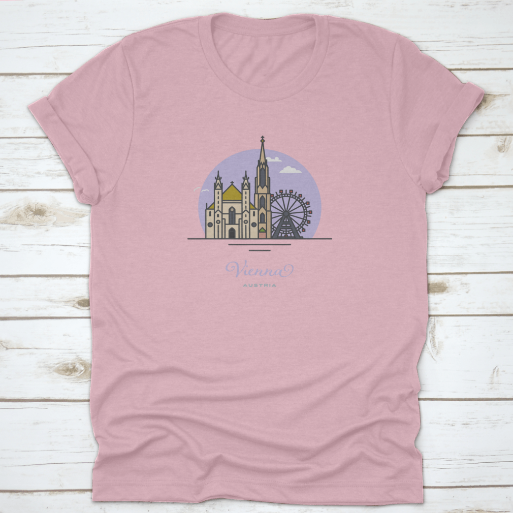 A stylish cotton t-shirt featuring Saint Stephens Cathedral and Prater Ferris Wheel designs, perfect for Vienna tourism.