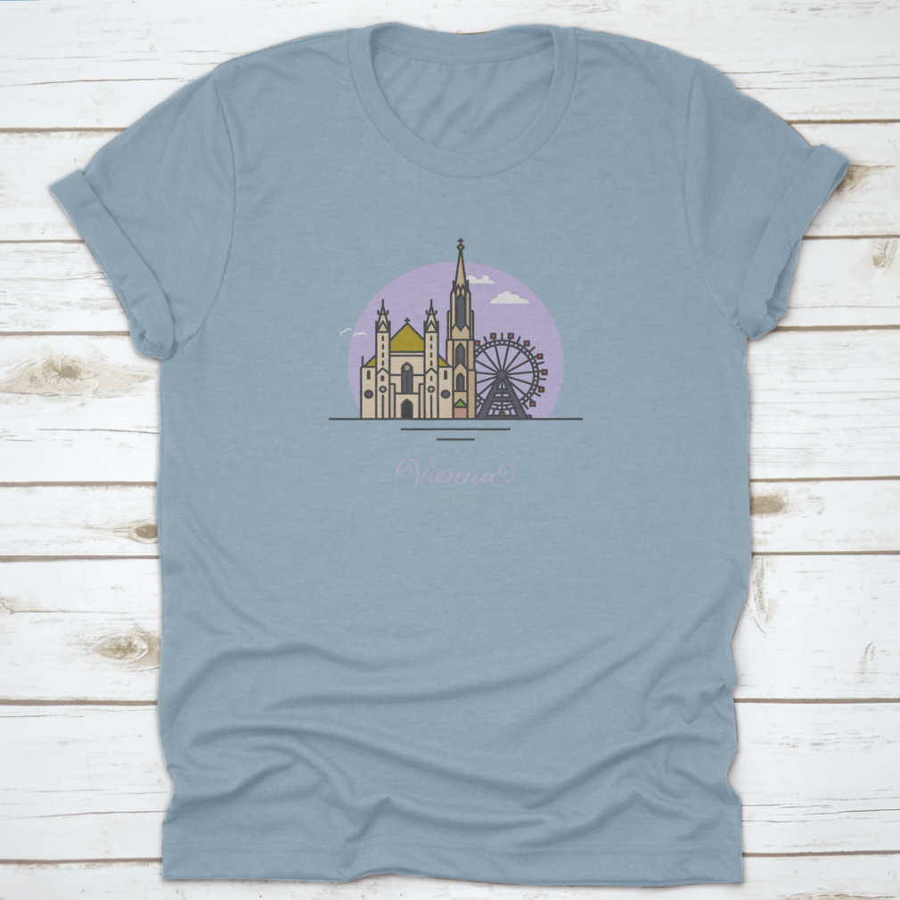 A stylish cotton t-shirt featuring Saint Stephens Cathedral and Prater Ferris Wheel designs, perfect for Vienna tourism.