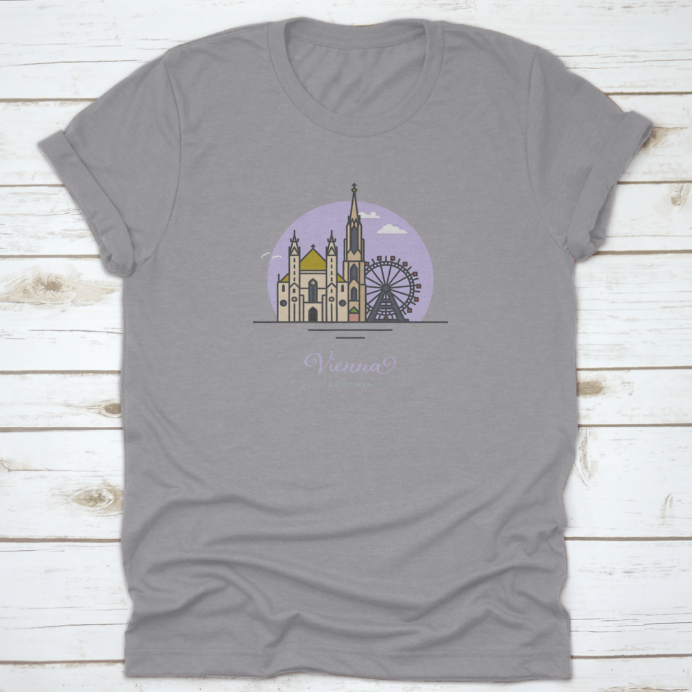 A stylish cotton t-shirt featuring Saint Stephens Cathedral and Prater Ferris Wheel designs, perfect for Vienna tourism.