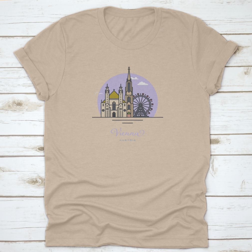 A stylish cotton t-shirt featuring Saint Stephens Cathedral and Prater Ferris Wheel designs, perfect for Vienna tourism.