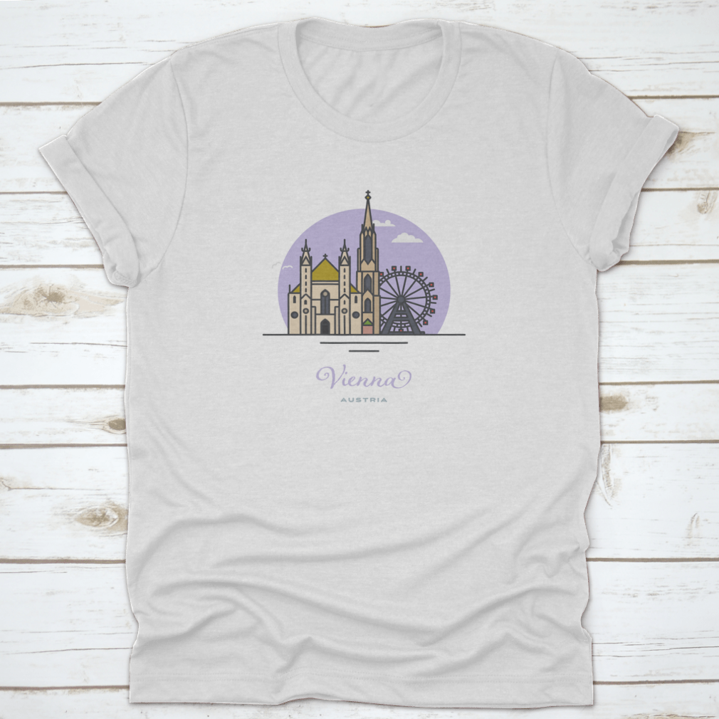 A stylish cotton t-shirt featuring Saint Stephens Cathedral and Prater Ferris Wheel designs, perfect for Vienna tourism.