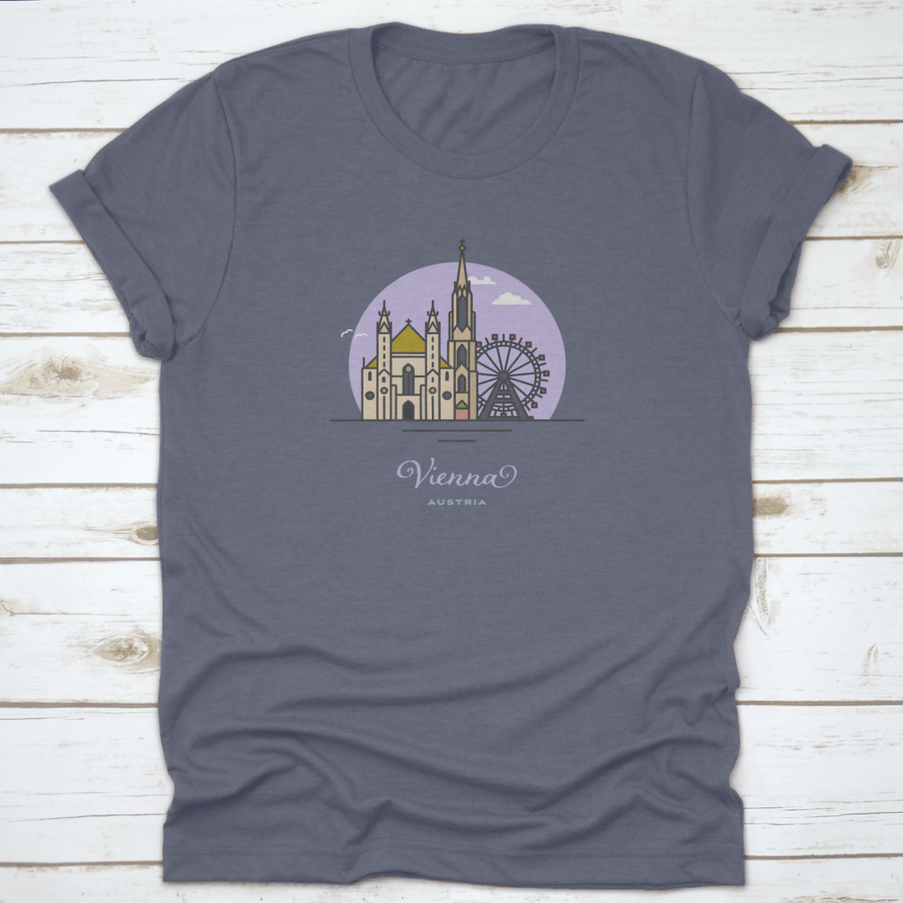 A stylish cotton t-shirt featuring Saint Stephens Cathedral and Prater Ferris Wheel designs, perfect for Vienna tourism.