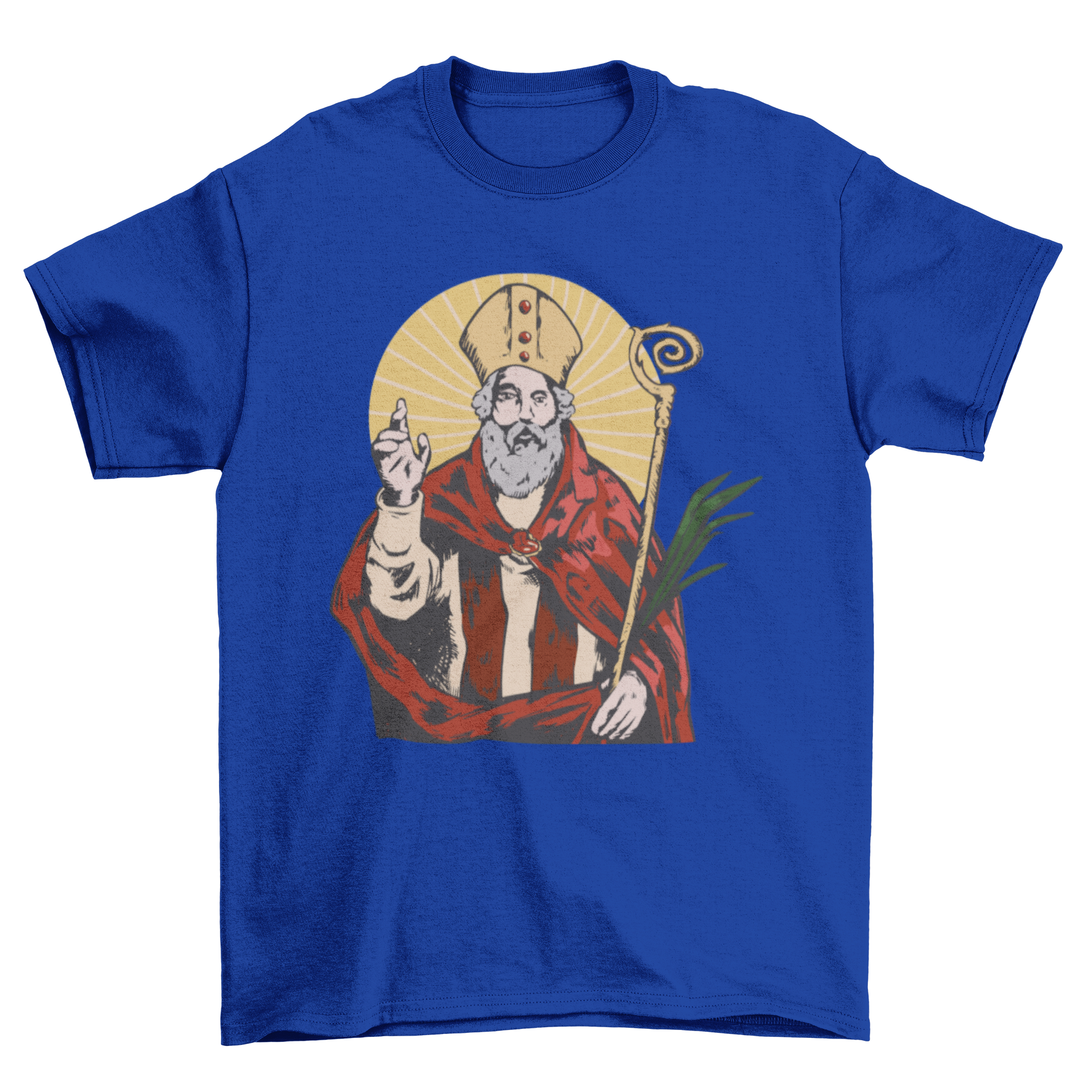 Saint Valentine t-shirt design featuring a detailed illustration of Saint Valentine with a scepter and crown.