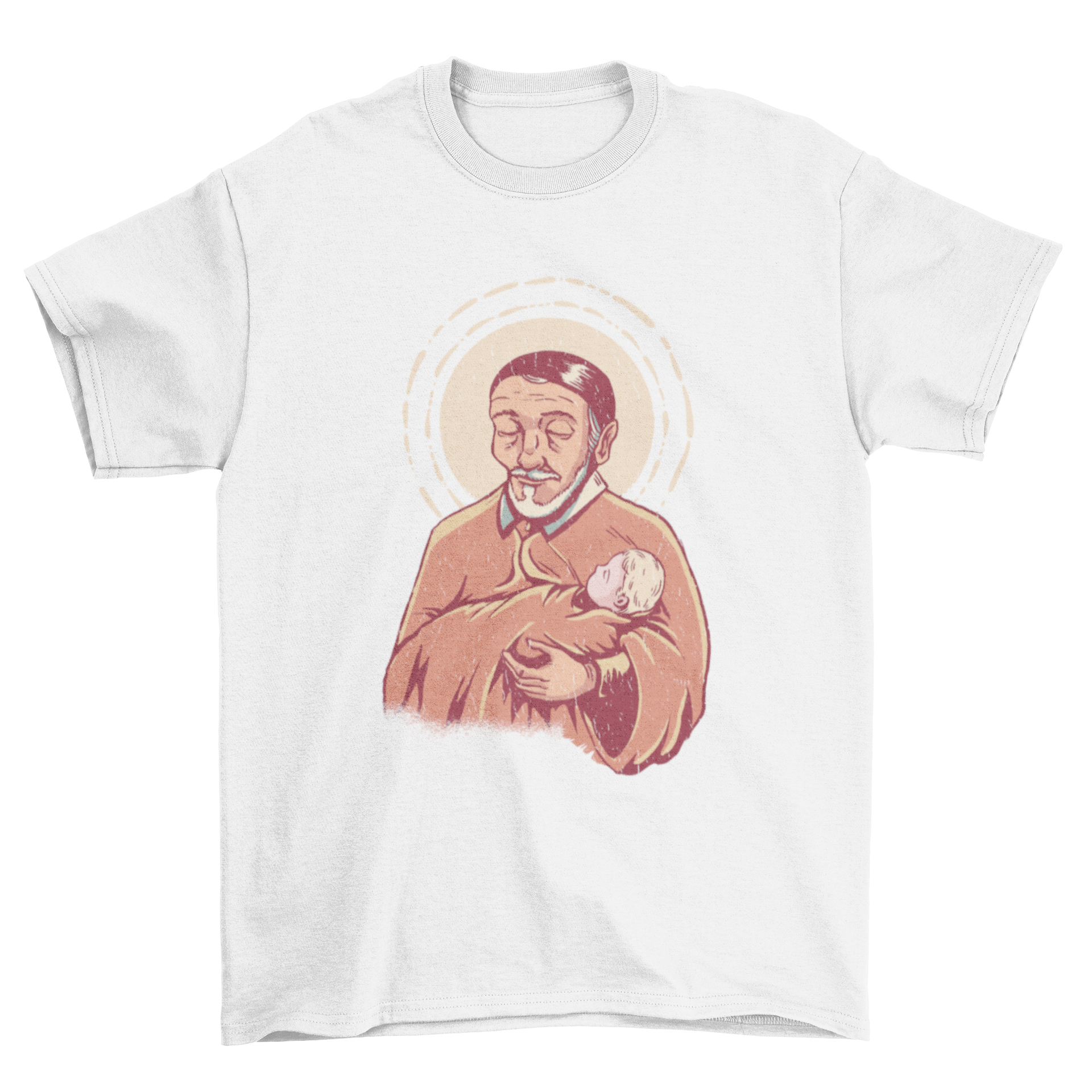 Saint Vincent religious t-shirt featuring Saint Vincent holding a baby in a vibrant design.