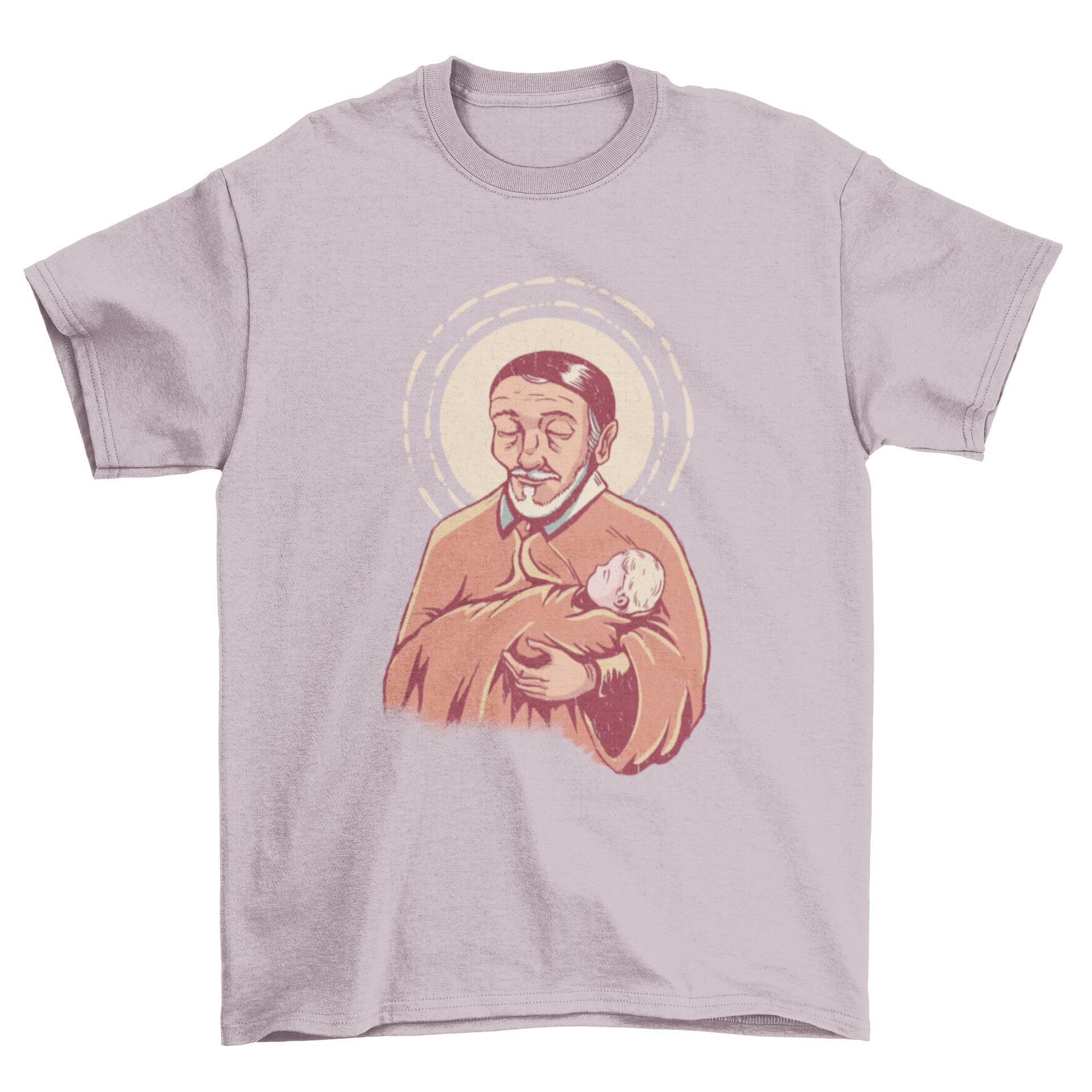 Saint Vincent religious t-shirt featuring Saint Vincent holding a baby in a vibrant design.