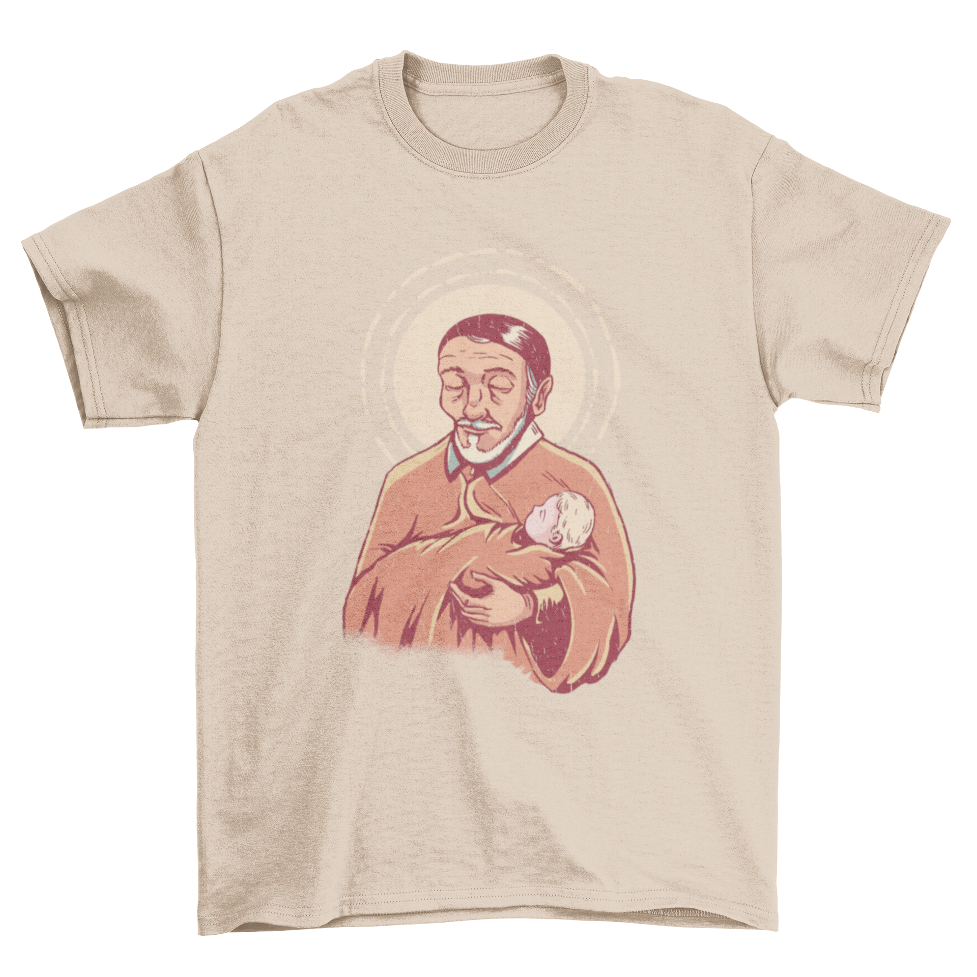 Saint Vincent religious t-shirt featuring Saint Vincent holding a baby in a vibrant design.