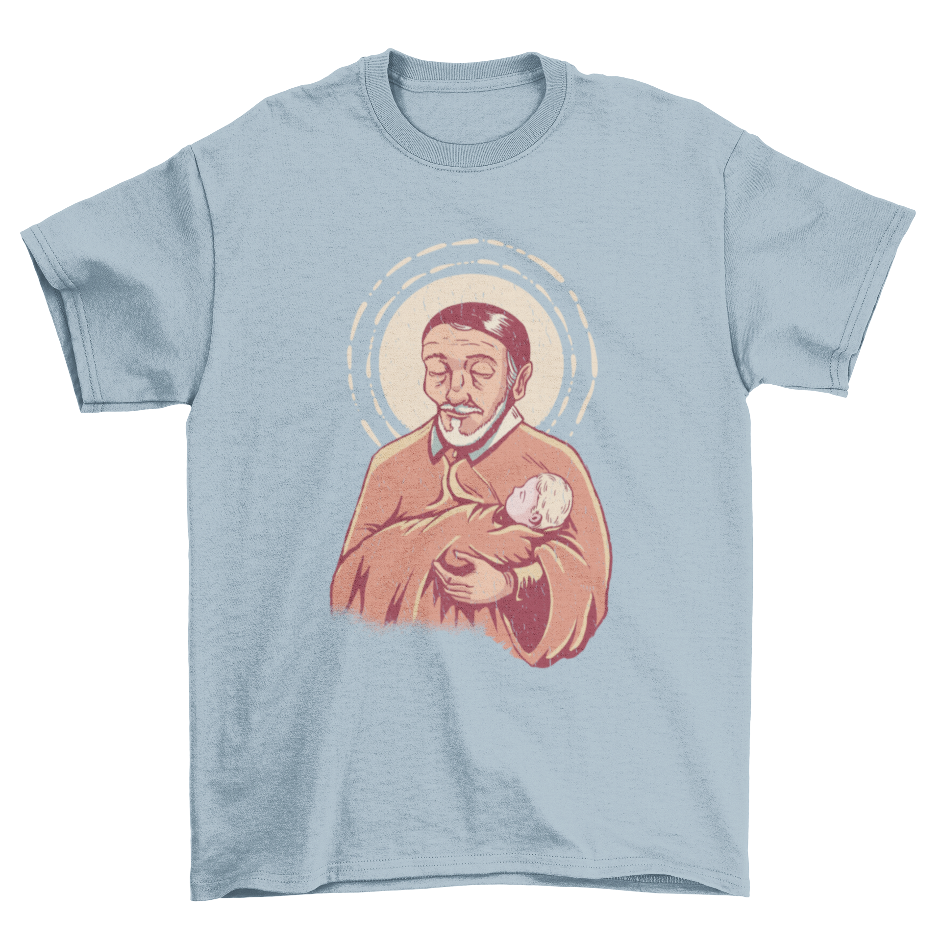 Saint Vincent religious t-shirt featuring Saint Vincent holding a baby in a vibrant design.