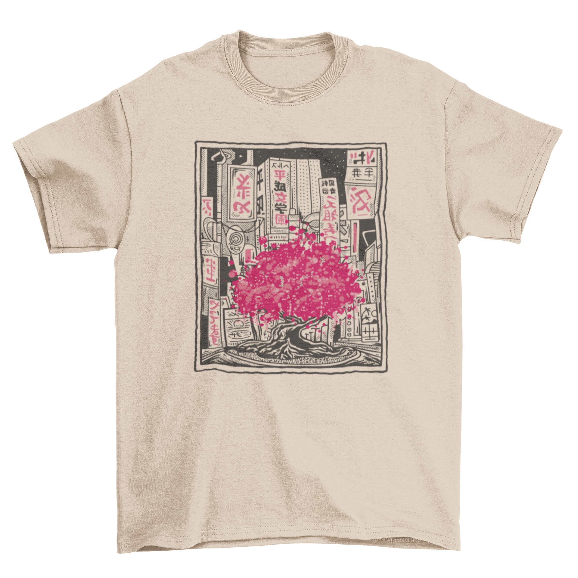 A pink t-shirt featuring a cherry blossom tree design set against a city skyline, showcasing a blend of nature and urban life.