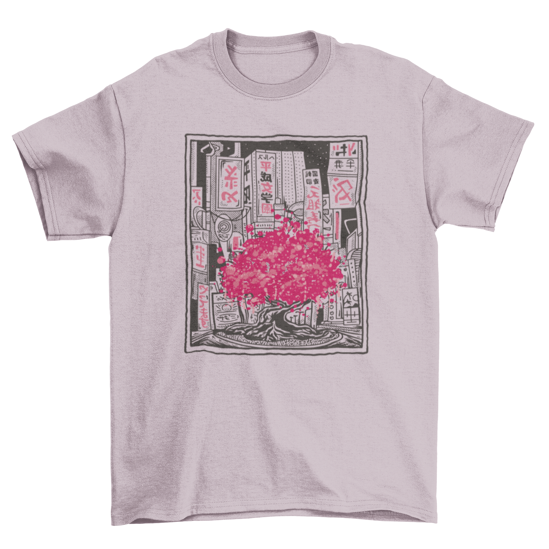 A pink t-shirt featuring a cherry blossom tree design set against a city skyline, showcasing a blend of nature and urban life.