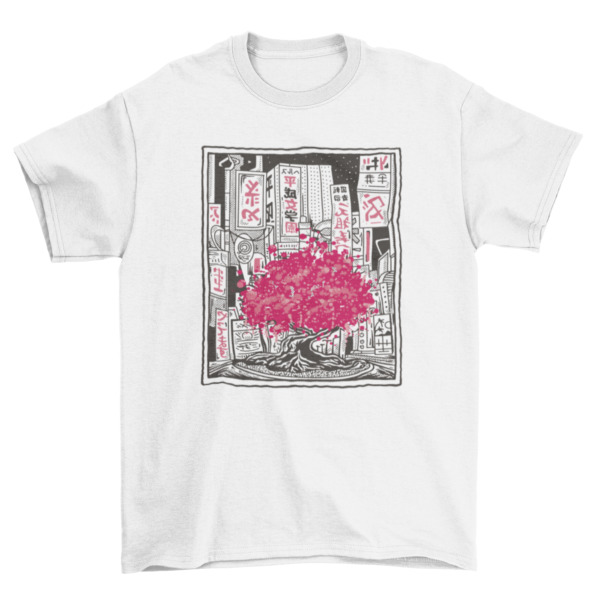 A pink t-shirt featuring a cherry blossom tree design set against a city skyline, showcasing a blend of nature and urban life.