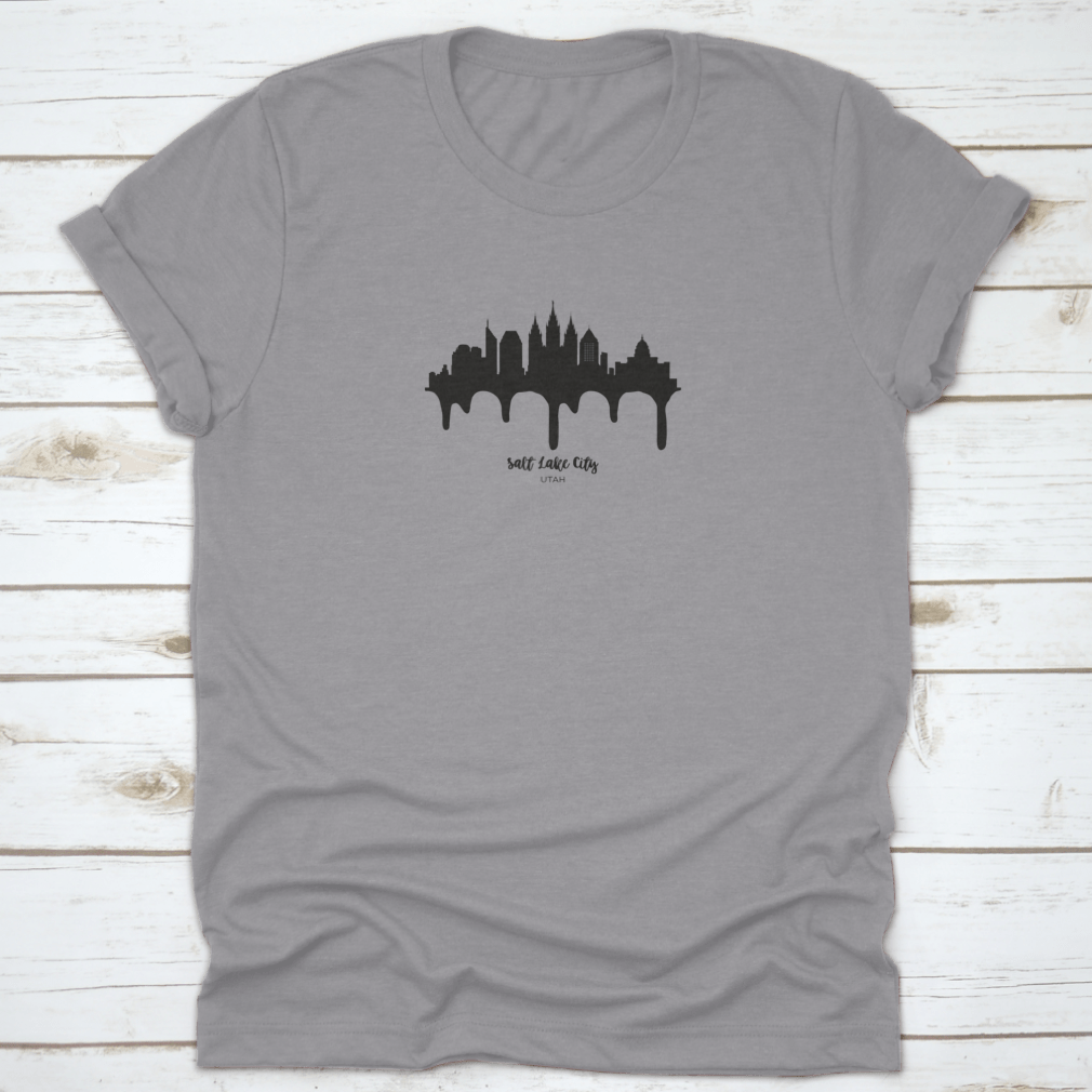 Salt Lake City Utah Black Skyline Silhouette Vector Illustration on a cotton t-shirt, showcasing the city's iconic skyline in a stylish design.