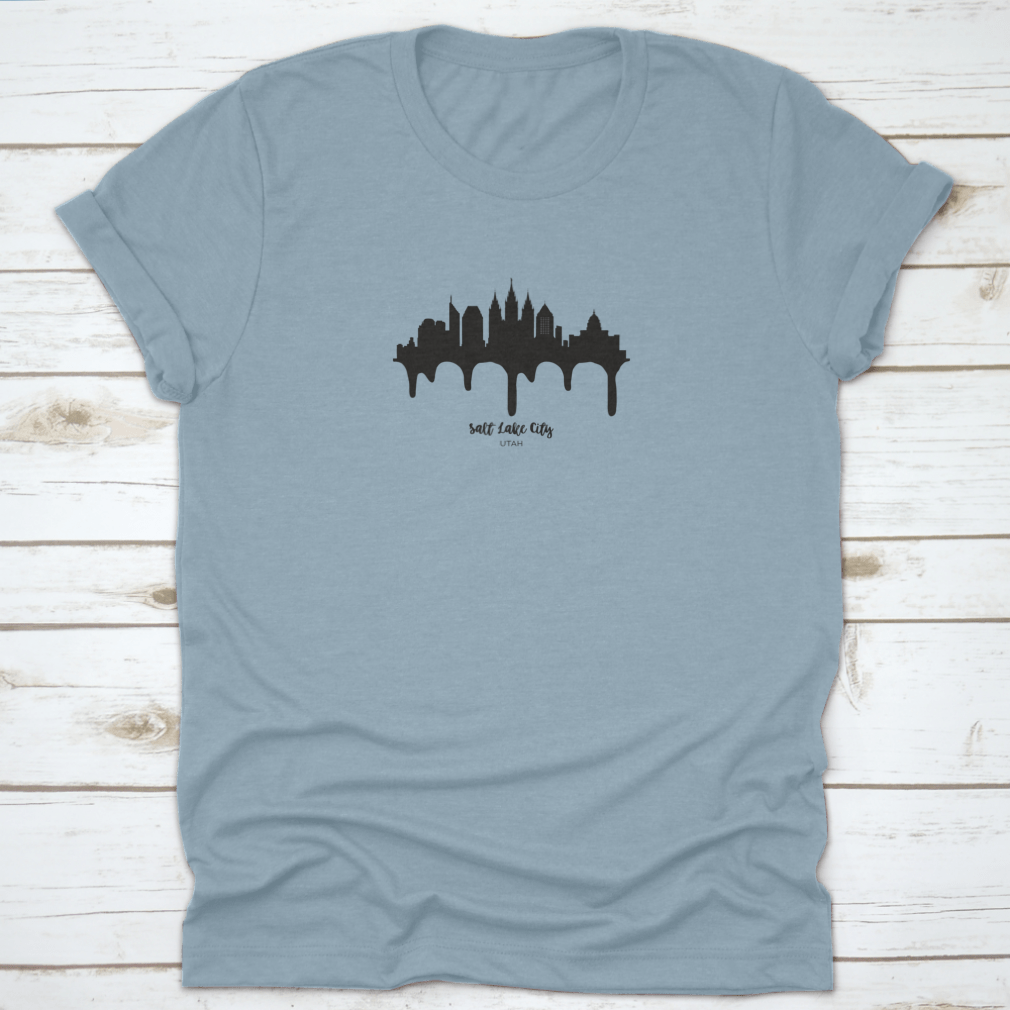 Salt Lake City Utah Black Skyline Silhouette Vector Illustration on a cotton t-shirt, showcasing the city's iconic skyline in a stylish design.