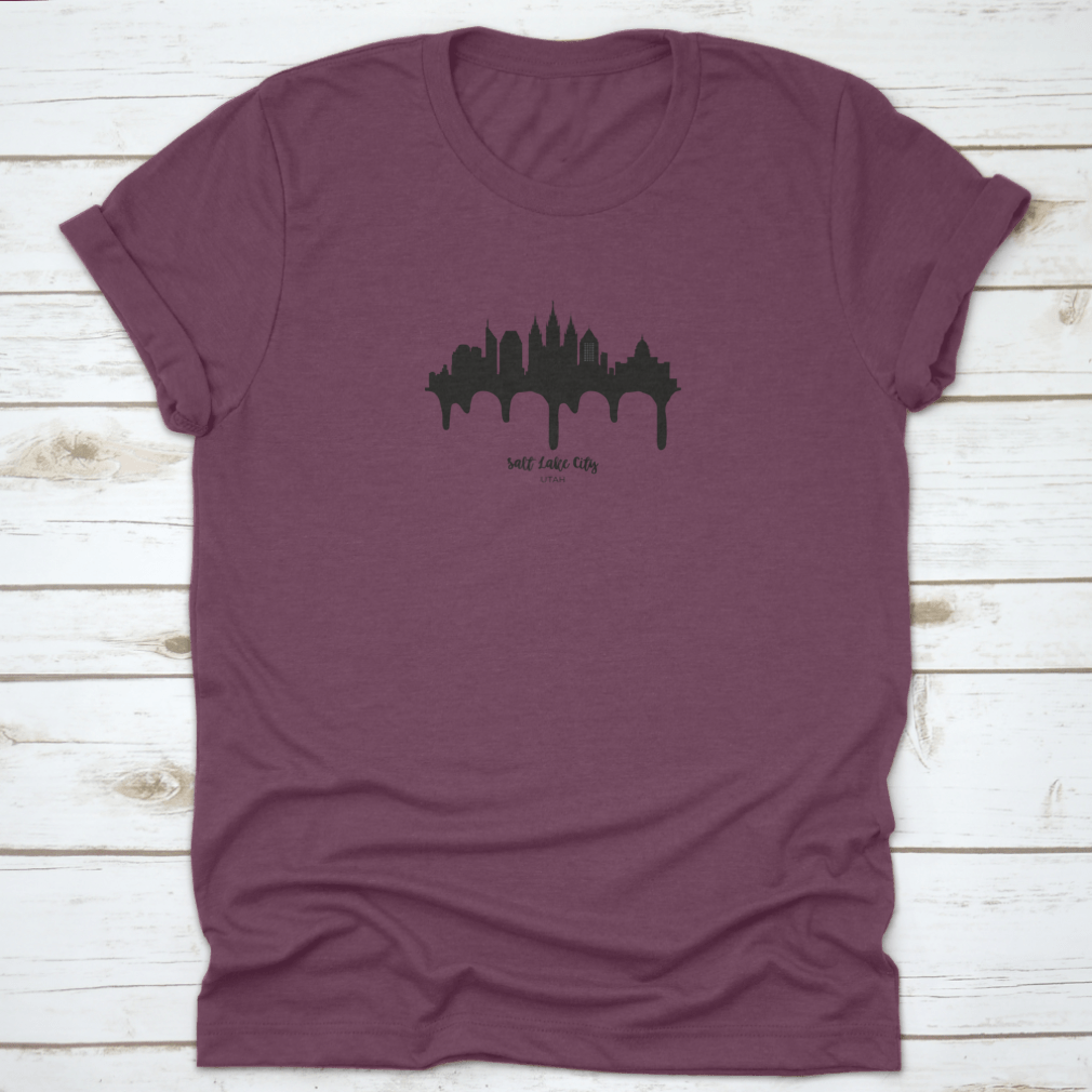 Salt Lake City Utah Black Skyline Silhouette Vector Illustration on a cotton t-shirt, showcasing the city's iconic skyline in a stylish design.