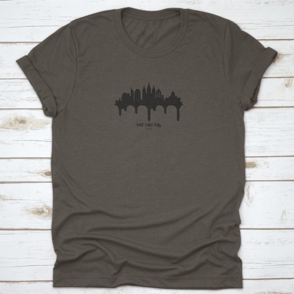 Salt Lake City Utah Black Skyline Silhouette Vector Illustration on a cotton t-shirt, showcasing the city's iconic skyline in a stylish design.