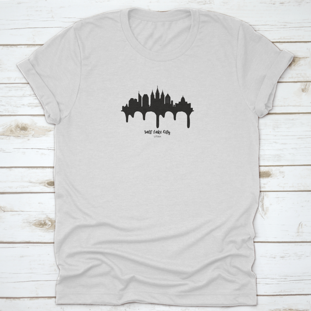 Salt Lake City Utah Black Skyline Silhouette Vector Illustration on a cotton t-shirt, showcasing the city's iconic skyline in a stylish design.