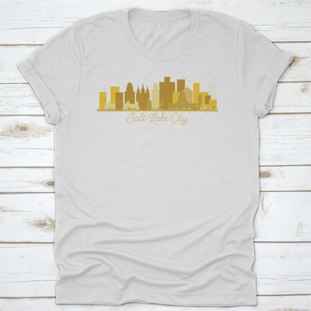 Golden silhouette of Salt Lake City skyline, showcasing iconic buildings and mountains in the background.